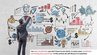 138
For data visualization you don’t have to use charts. In some cases conditional
formatting does a great job. In this section we will discuss it in practices
 