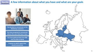 166
A few information about what you have and what are your goals
You decided to concentrate on the
Mailchimp customers
Your boss proposed to concentrate
only on the users that have 3 stars
You have gathered data from 900
users by data scraping
Propose on which aspect they
should concentrate
 