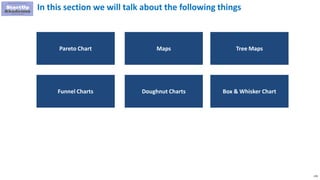 178
In this section we will talk about the following things
Maps Tree Maps
Pareto Chart
Doughnut Charts
Funnel Charts Box & Whisker Chart
 