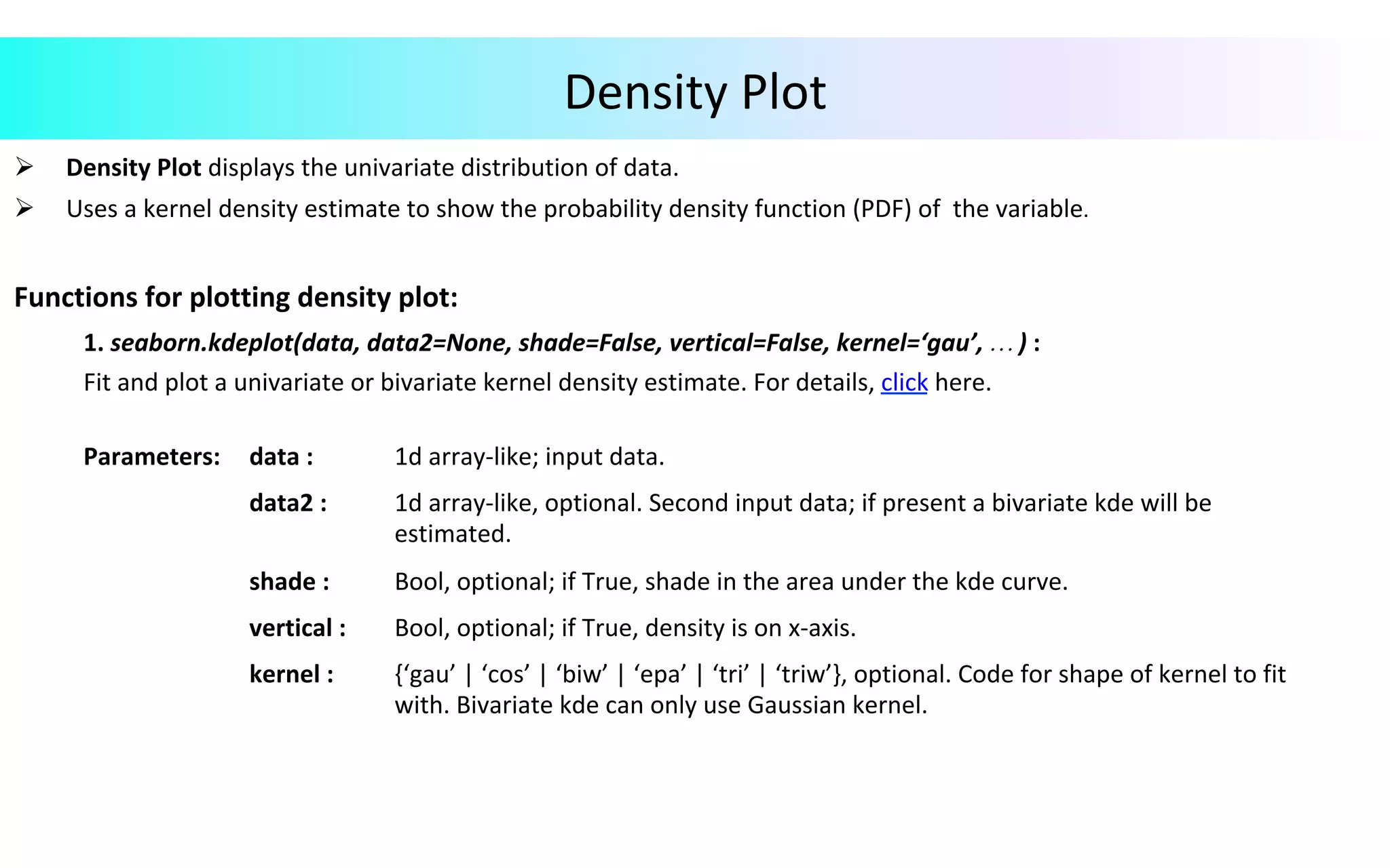 Density	Plot	
Ø  Density	Plot	displays	the	univariate	distribution	of	data.		
Ø  Uses	a	kernel	density	estimate	to	show	the	probability	density	function	(PDF)	of		the	variable.		
	
Functions	for	plotting	density	plot:		
	1.	seaborn.kdeplot(data,	data2=None,	shade=False,	vertical=False,	kernel=‘gau’,	…	)	:		
Fit	and	plot	a	univariate	or	bivariate	kernel	density	estimate.	For	details,	click	here.	
	
	
	
	
	
	
	
	
Parameters:			 data	:	 1d	array-like;	input	data.	
data2	:	 1d	array-like,	optional.	Second	input	data;	if	present	a	bivariate	kde	will	be	
estimated.	
shade	:	 Bool,	optional;	if	True,	shade	in	the	area	under	the	kde	curve.		
vertical	:	 Bool,	optional;	if	True,	density	is	on	x-axis.		
kernel	:	 {‘gau’	|	‘cos’	|	‘biw’	|	‘epa’	|	‘tri’	|	‘triw’},	optional.	Code	for	shape	of	kernel	to	fit		
with.	Bivariate	kde	can	only	use	Gaussian	kernel.	
 