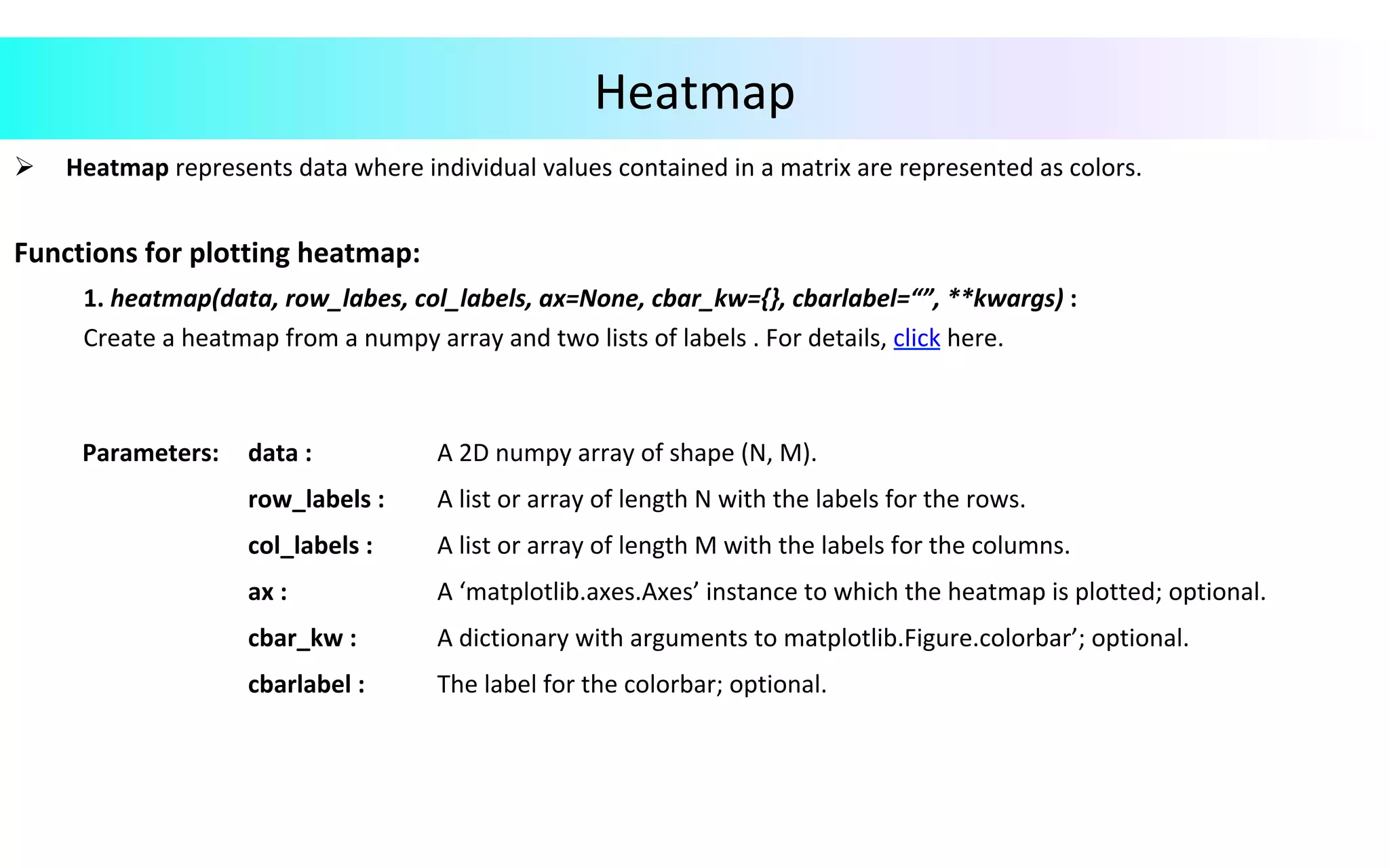 Heatmap	
Ø  Heatmap	represents	data	where	individual	values	contained	in	a	matrix	are	represented	as	colors.		
	
Functions	for	plotting	heatmap:		
	1.	heatmap(data,	row_labes,	col_labels,	ax=None,	cbar_kw={},	cbarlabel=“”,	**kwargs)	:		
	Create	a	heatmap	from	a	numpy	array	and	two	lists	of	labels	.	For	details,	click	here.		
	
	
	
	
Parameters:			 data	:	 A	2D	numpy	array	of	shape	(N,	M).	
row_labels	:	 A	list	or	array	of	length	N	with	the	labels	for	the	rows.	
col_labels	:	 A	list	or	array	of	length	M	with	the	labels	for	the	columns.	
ax	:	 A	‘matplotlib.axes.Axes’	instance	to	which	the	heatmap	is	plotted;	optional.	
cbar_kw	:	 A	dictionary	with	arguments	to	matplotlib.Figure.colorbar’;	optional.	
cbarlabel	:	 The	label	for	the	colorbar;	optional.	
 