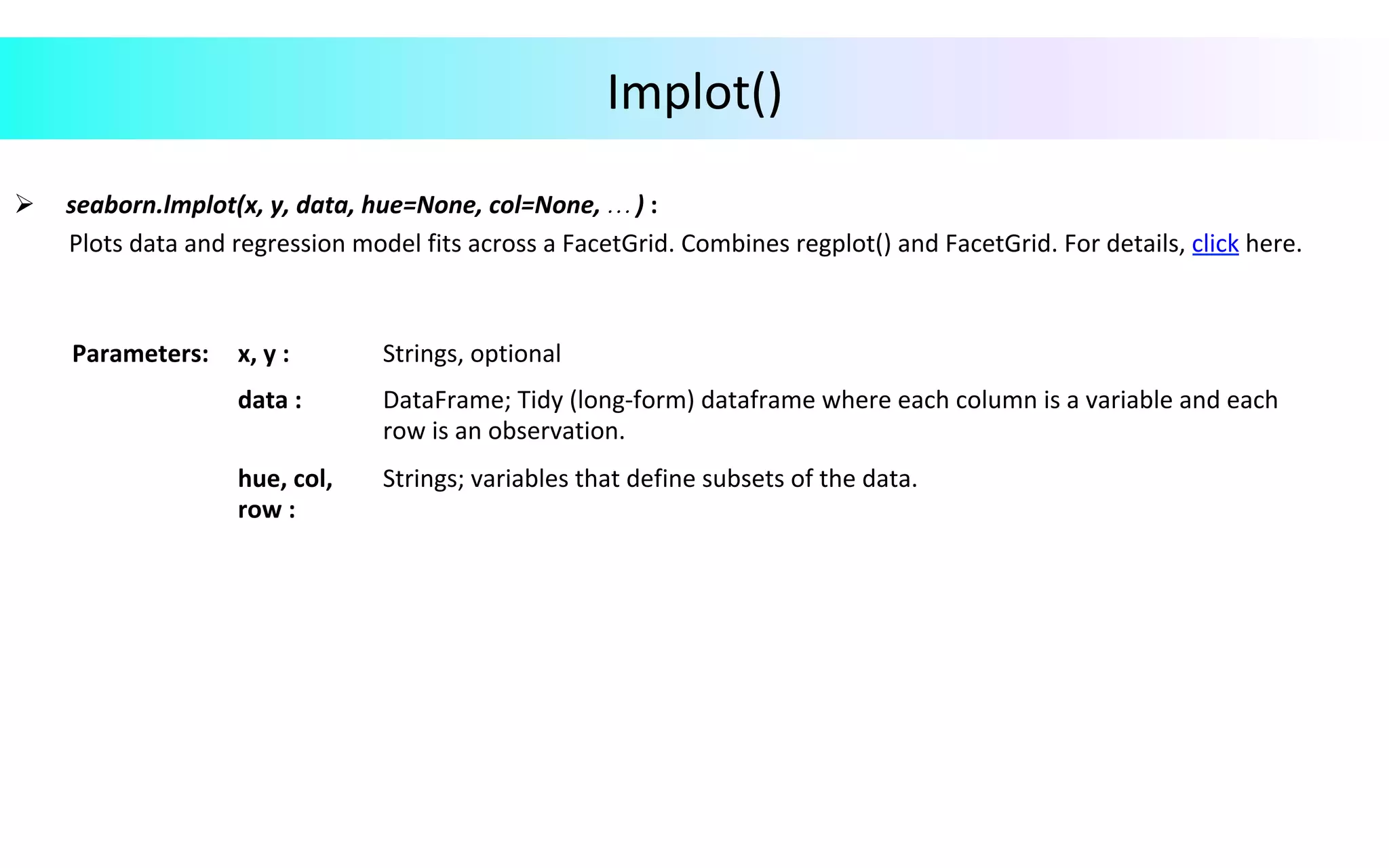 Implot()	
	
Ø  seaborn.lmplot(x,	y,	data,	hue=None,	col=None,	…	)	:		
									Plots	data	and	regression	model	fits	across	a	FacetGrid.	Combines	regplot()	and	FacetGrid.	For	details,	click	here.	
	
	
	
	
	
	
Parameters:			 x,	y	:	 Strings,	optional	
data	:	 DataFrame;	Tidy	(long-form)	dataframe	where	each	column	is	a	variable	and	each	
row	is	an	observation.	
hue,	col,	
row	:	
Strings;	variables	that	define	subsets	of	the	data.	
 
