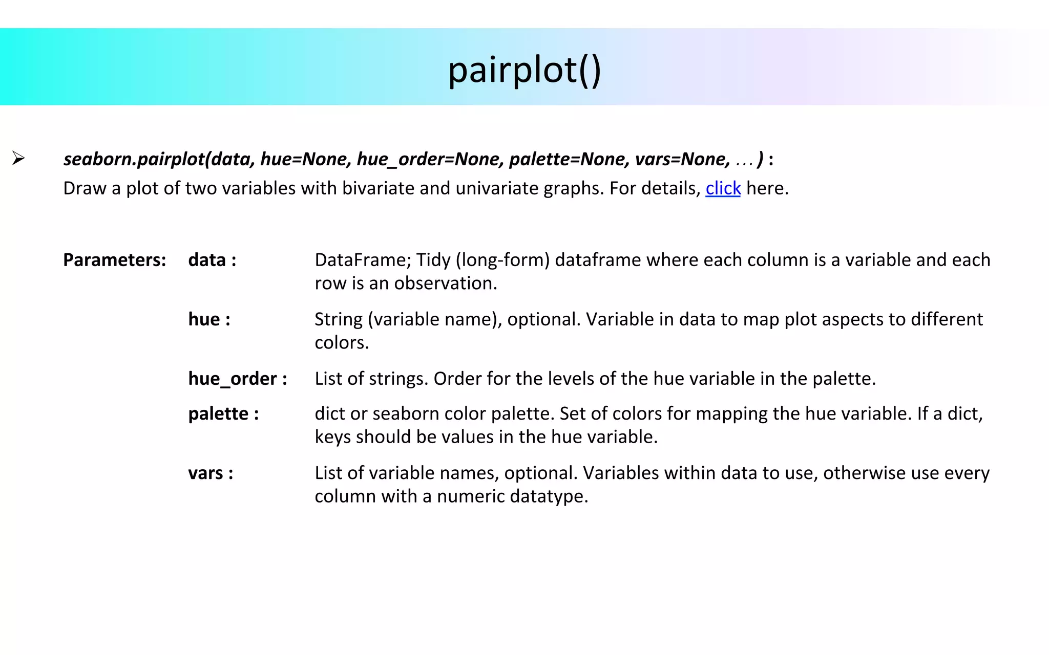 pairplot()	
		
Ø  			seaborn.pairplot(data,	hue=None,	hue_order=None,	palette=None,	vars=None,	…	)	:		
Draw	a	plot	of	two	variables	with	bivariate	and	univariate	graphs.	For	details,	click	here.	
	
	
	
	
	
Parameters:			 data	:	 DataFrame;	Tidy	(long-form)	dataframe	where	each	column	is	a	variable	and	each	
row	is	an	observation.	
hue	:	 String	(variable	name),	optional.	Variable	in	data	to	map	plot	aspects	to	different	
colors.	
hue_order	:	 List	of	strings.	Order	for	the	levels	of	the	hue	variable	in	the	palette.	
palette	:	 dict	or	seaborn	color	palette.	Set	of	colors	for	mapping	the	hue	variable.	If	a	dict,	
keys	should	be	values	in	the	hue	variable.	
vars	:	 List	of	variable	names,	optional.	Variables	within	data	to	use,	otherwise	use	every	
column	with	a	numeric	datatype.	
 