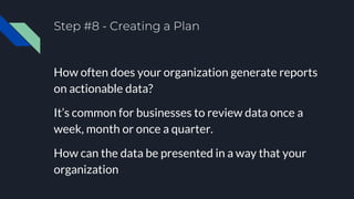 Step #8 - Creating a Plan
How often does your organization generate reports
on actionable data?
It’s common for businesses...