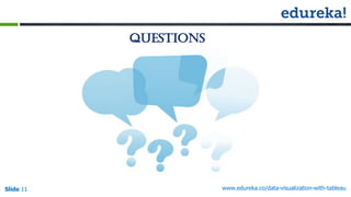 Questions
Slide 11 www.edureka.co/data-visualization-with-tableau
 