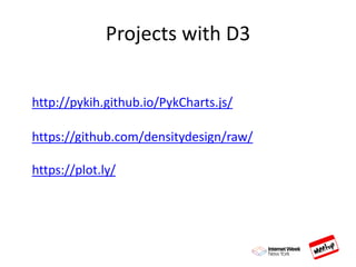 Projects with D3
http://pykih.github.io/PykCharts.js/
https://github.com/densitydesign/raw/
https://plot.ly/
 