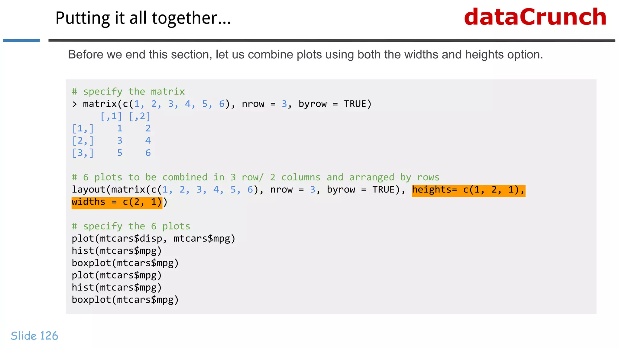 dataCrunchPutting it all together...
Slide 126
Before we end this section, let us combine plots using both the widths and heights option.
# specify the matrix
> matrix(c(1, 2, 3, 4, 5, 6), nrow = 3, byrow = TRUE)
[,1] [,2]
[1,] 1 2
[2,] 3 4
[3,] 5 6
# 6 plots to be combined in 3 row/ 2 columns and arranged by rows
layout(matrix(c(1, 2, 3, 4, 5, 6), nrow = 3, byrow = TRUE), heights= c(1, 2, 1),
widths = c(2, 1))
# specify the 6 plots
plot(mtcars$disp, mtcars$mpg)
hist(mtcars$mpg)
boxplot(mtcars$mpg)
plot(mtcars$mpg)
hist(mtcars$mpg)
boxplot(mtcars$mpg)
 
