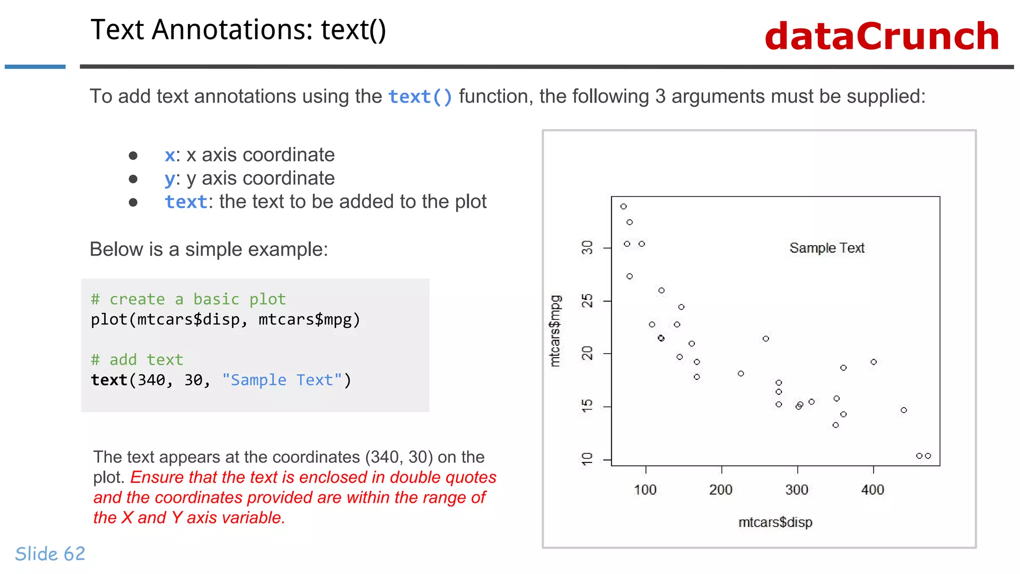 dataCrunchText Annotations: text()
Slide 62
To add text annotations using the text() function, the following 3 arguments must be supplied:
● x: x axis coordinate
● y: y axis coordinate
● text: the text to be added to the plot
Below is a simple example:
# create a basic plot
plot(mtcars$disp, mtcars$mpg)
# add text
text(340, 30, "Sample Text")
The text appears at the coordinates (340, 30) on the
plot. Ensure that the text is enclosed in double quotes
and the coordinates provided are within the range of
the X and Y axis variable.
 