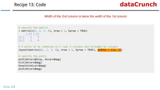 dataCrunchRecipe 13: Code
Slide 118
Width of the 2nd column is twice the width of the 1st column
# specify the matrix
> matrix(c(1, 2, 3, 4), nrow = 2, byrow = TRUE)
[,1] [,2]
[1,] 1 3
[2,] 2 4
# 4 plots to be combined in 2 row/ 2 columns and arranged by columns
layout(matrix(c(1, 2, 3, 4), nrow = 2, byrow = TRUE), widths = c(1, 3))
# specify the plots
plot(mtcars$disp, mtcars$mpg)
hist(mtcars$mpg)
boxplot(mtcars$mpg)
plot(mtcars$mpg)
 