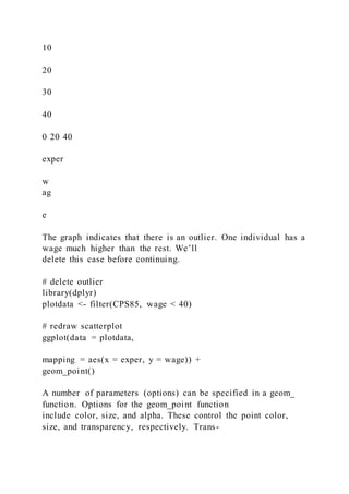 10
20
30
40
0 20 40
exper
w
ag
e
The graph indicates that there is an outlier. One individual has a
wage much higher than the rest. We’ll
delete this case before continuing.
# delete outlier
library(dplyr)
plotdata <- filter(CPS85, wage < 40)
# redraw scatterplot
ggplot(data = plotdata,
mapping = aes(x = exper, y = wage)) +
geom_point()
A number of parameters (options) can be specified in a geom_
function. Options for the geom_point function
include color, size, and alpha. These control the point color,
size, and transparency, respectively. Trans-
 