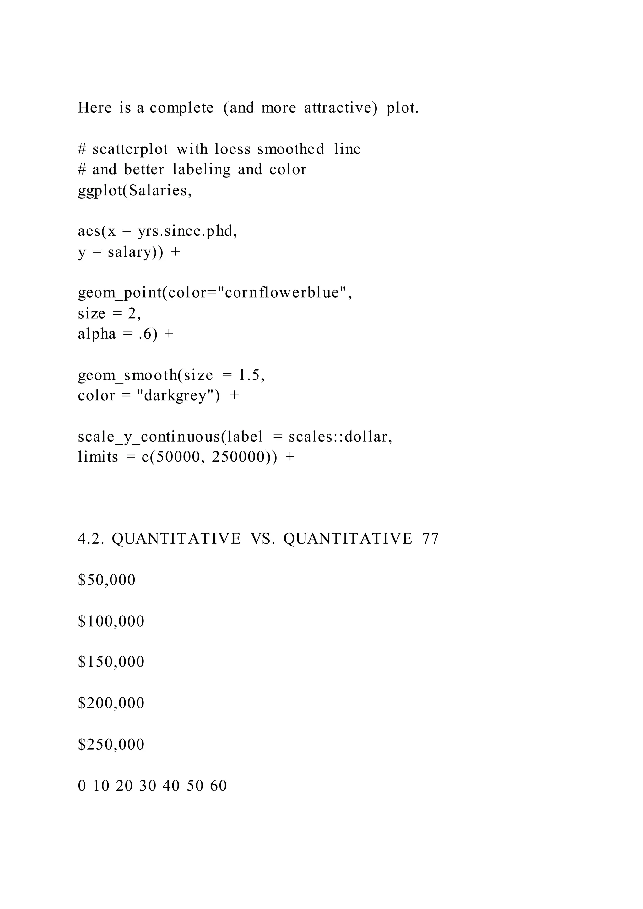 Here is a complete (and more attractive) plot.
# scatterplot with loess smoothed line
# and better labeling and color
ggplot(Salaries,
aes(x = yrs.since.phd,
y = salary)) +
geom_point(color="cornflowerblue",
size = 2,
alpha = .6) +
geom_smooth(size = 1.5,
color = "darkgrey") +
scale_y_continuous(label = scales::dollar,
limits = c(50000, 250000)) +
4.2. QUANTITATIVE VS. QUANTITATIVE 77
$50,000
$100,000
$150,000
$200,000
$250,000
0 10 20 30 40 50 60
 