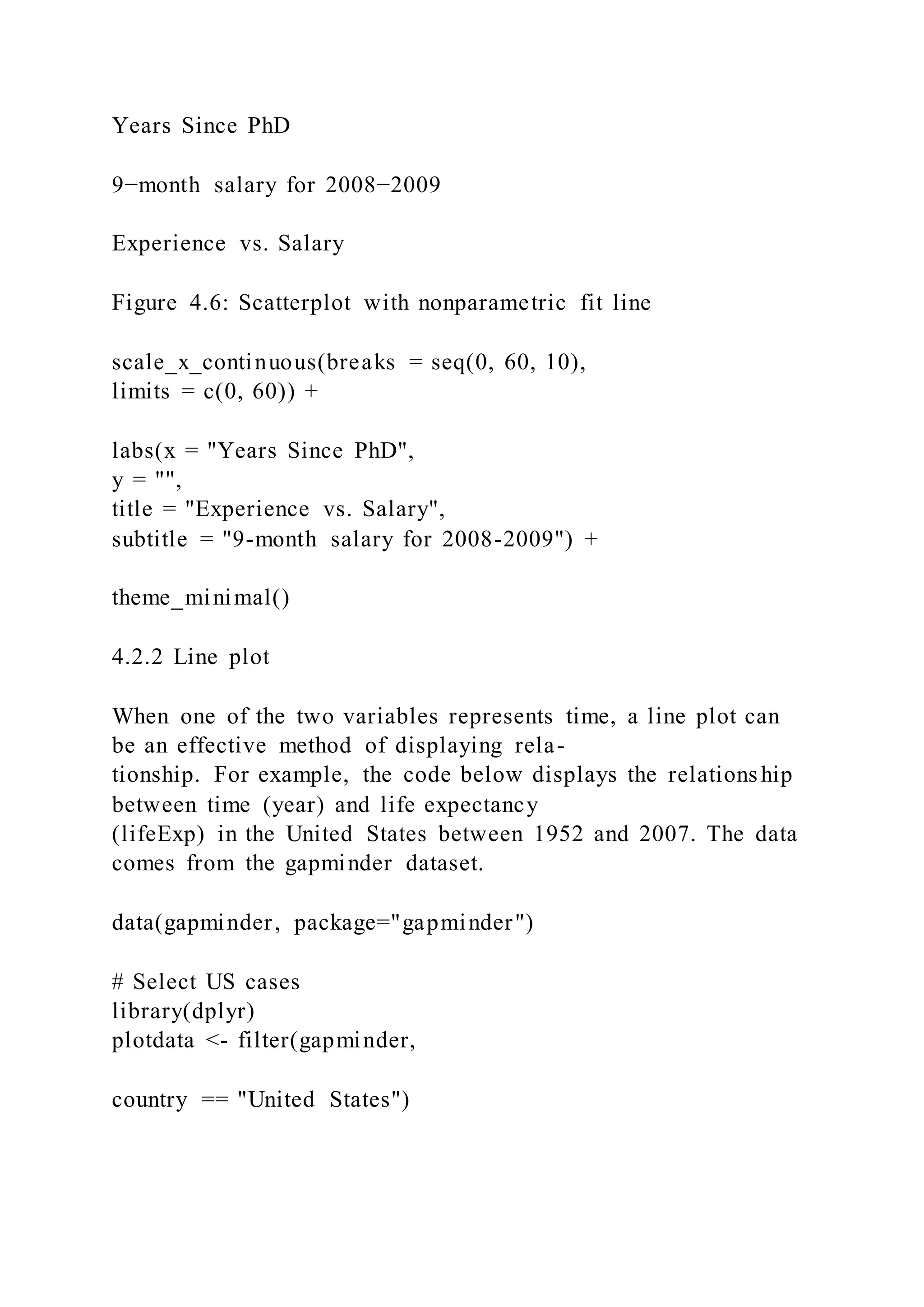 Years Since PhD
9−month salary for 2008−2009
Experience vs. Salary
Figure 4.6: Scatterplot with nonparametric fit line
scale_x_continuous(breaks = seq(0, 60, 10),
limits = c(0, 60)) +
labs(x = "Years Since PhD",
y = "",
title = "Experience vs. Salary",
subtitle = "9-month salary for 2008-2009") +
theme_minimal()
4.2.2 Line plot
When one of the two variables represents time, a line plot can
be an effective method of displaying rela-
tionship. For example, the code below displays the relationship
between time (year) and life expectancy
(lifeExp) in the United States between 1952 and 2007. The data
comes from the gapminder dataset.
data(gapminder, package="gapminder")
# Select US cases
library(dplyr)
plotdata <- filter(gapminder,
country == "United States")
 