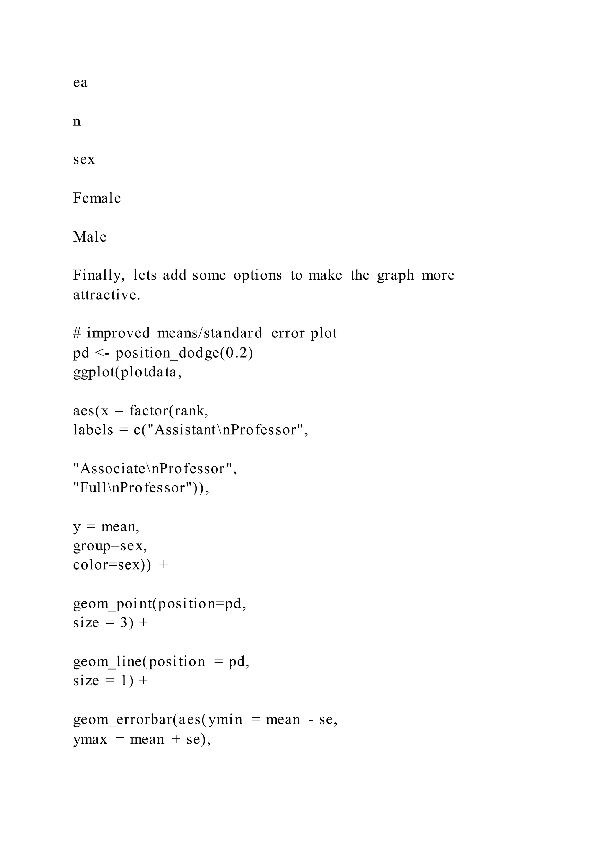 ea
n
sex
Female
Male
Finally, lets add some options to make the graph more
attractive.
# improved means/standard error plot
pd <- position_dodge(0.2)
ggplot(plotdata,
aes(x = factor(rank,
labels = c("AssistantnProfessor",
"AssociatenProfessor",
"FullnProfessor")),
y = mean,
group=sex,
color=sex)) +
geom_point(position=pd,
size = 3) +
geom_line(position = pd,
size = 1) +
geom_errorbar(aes(ymin = mean - se,
ymax = mean + se),
 