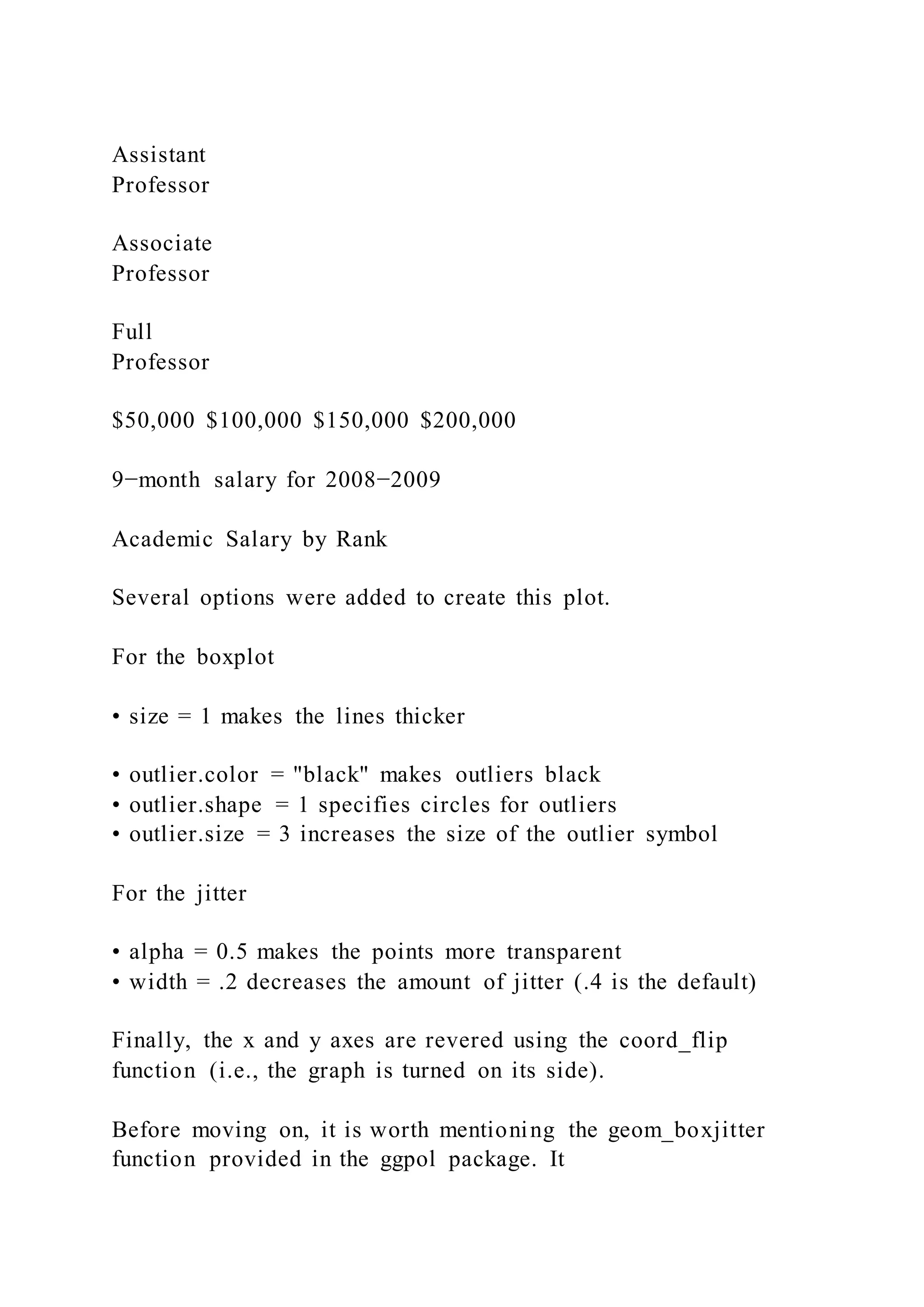Assistant
Professor
Associate
Professor
Full
Professor
$50,000 $100,000 $150,000 $200,000
9−month salary for 2008−2009
Academic Salary by Rank
Several options were added to create this plot.
For the boxplot
• size = 1 makes the lines thicker
• outlier.color = "black" makes outliers black
• outlier.shape = 1 specifies circles for outliers
• outlier.size = 3 increases the size of the outlier symbol
For the jitter
• alpha = 0.5 makes the points more transparent
• width = .2 decreases the amount of jitter (.4 is the default)
Finally, the x and y axes are revered using the coord_flip
function (i.e., the graph is turned on its side).
Before moving on, it is worth mentioning the geom_boxjitter
function provided in the ggpol package. It
 