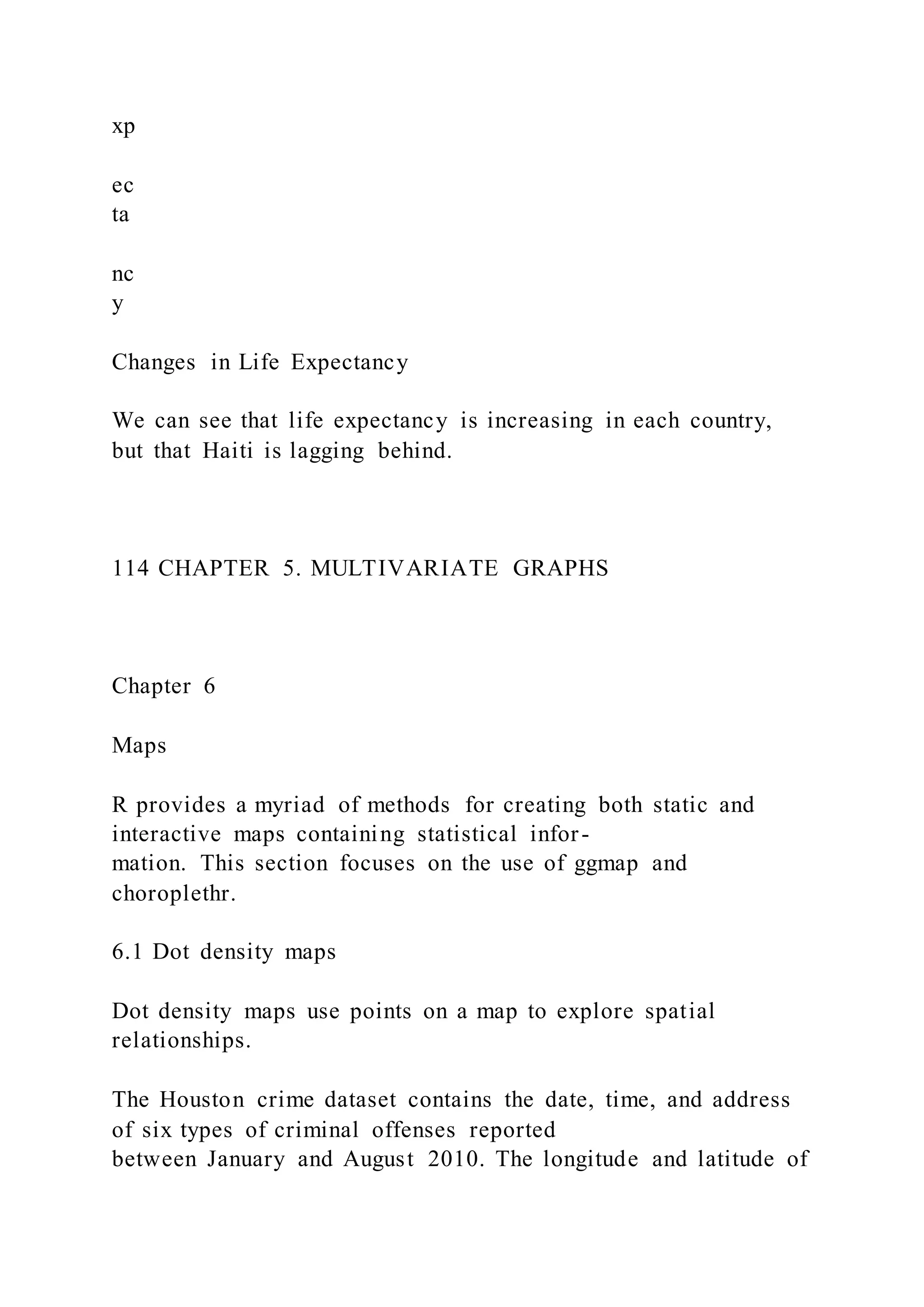 xp
ec
ta
nc
y
Changes in Life Expectancy
We can see that life expectancy is increasing in each country,
but that Haiti is lagging behind.
114 CHAPTER 5. MULTIVARIATE GRAPHS
Chapter 6
Maps
R provides a myriad of methods for creating both static and
interactive maps containing statistical infor-
mation. This section focuses on the use of ggmap and
choroplethr.
6.1 Dot density maps
Dot density maps use points on a map to explore spatial
relationships.
The Houston crime dataset contains the date, time, and address
of six types of criminal offenses reported
between January and August 2010. The longitude and latitude of
 