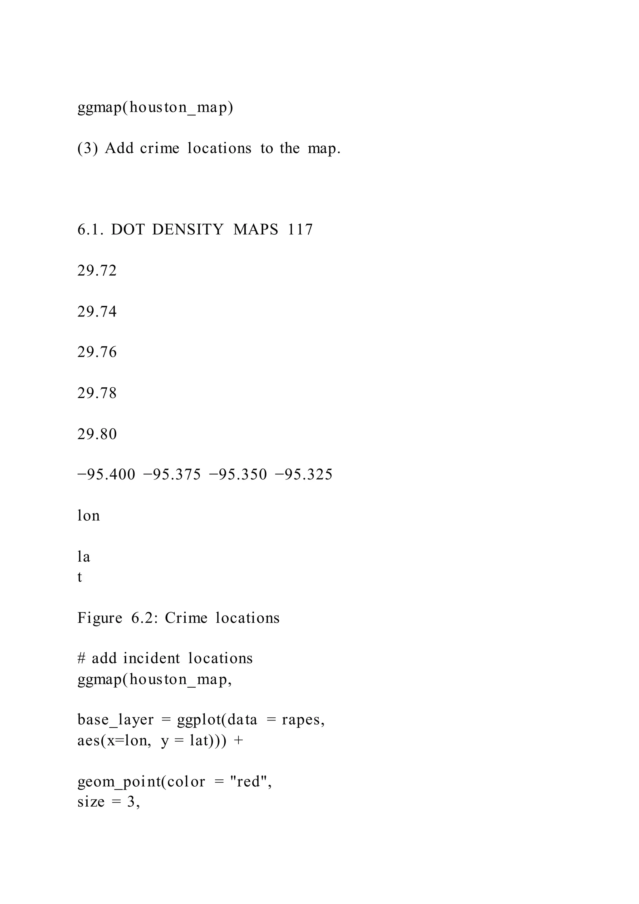 ggmap(houston_map)
(3) Add crime locations to the map.
6.1. DOT DENSITY MAPS 117
29.72
29.74
29.76
29.78
29.80
−95.400 −95.375 −95.350 −95.325
lon
la
t
Figure 6.2: Crime locations
# add incident locations
ggmap(houston_map,
base_layer = ggplot(data = rapes,
aes(x=lon, y = lat))) +
geom_point(color = "red",
size = 3,
 