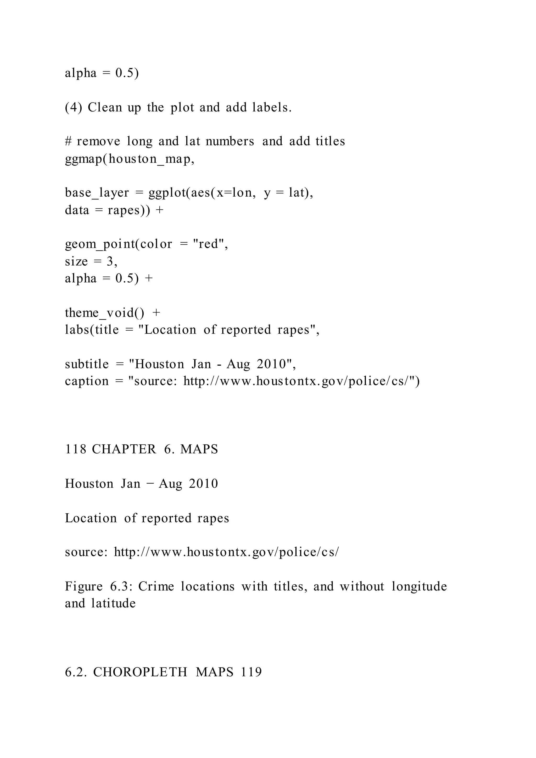 alpha = 0.5)
(4) Clean up the plot and add labels.
# remove long and lat numbers and add titles
ggmap(houston_map,
base_layer = ggplot(aes(x=lon, y = lat),
data = rapes)) +
geom_point(color = "red",
size = 3,
alpha = 0.5) +
theme_void() +
labs(title = "Location of reported rapes",
subtitle = "Houston Jan - Aug 2010",
caption = "source: http://www.houstontx.gov/police/cs/")
118 CHAPTER 6. MAPS
Houston Jan − Aug 2010
Location of reported rapes
source: http://www.houstontx.gov/police/cs/
Figure 6.3: Crime locations with titles, and without longitude
and latitude
6.2. CHOROPLETH MAPS 119
 