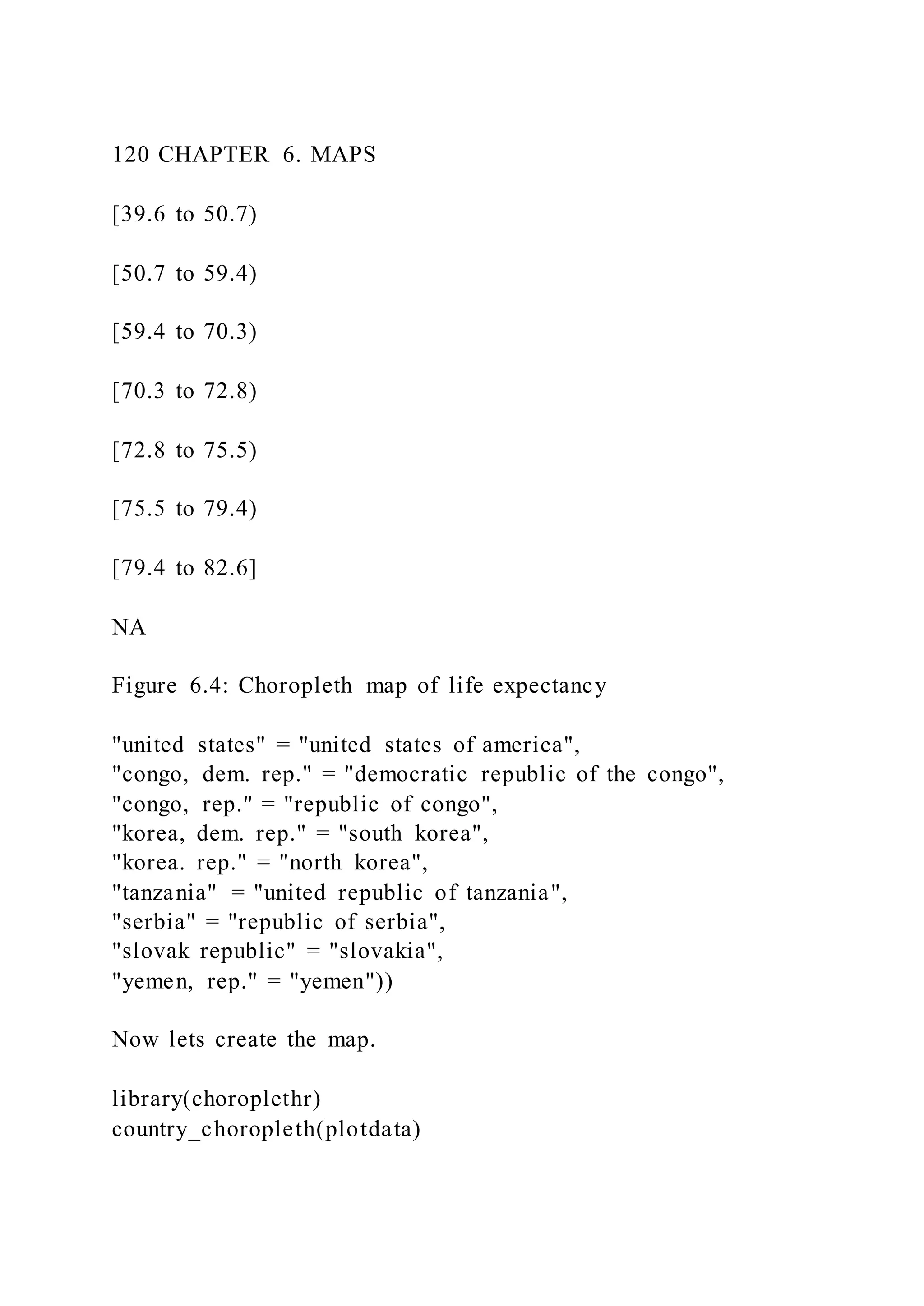 120 CHAPTER 6. MAPS
[39.6 to 50.7)
[50.7 to 59.4)
[59.4 to 70.3)
[70.3 to 72.8)
[72.8 to 75.5)
[75.5 to 79.4)
[79.4 to 82.6]
NA
Figure 6.4: Choropleth map of life expectancy
"united states" = "united states of america",
"congo, dem. rep." = "democratic republic of the congo",
"congo, rep." = "republic of congo",
"korea, dem. rep." = "south korea",
"korea. rep." = "north korea",
"tanzania" = "united republic of tanzania",
"serbia" = "republic of serbia",
"slovak republic" = "slovakia",
"yemen, rep." = "yemen"))
Now lets create the map.
library(choroplethr)
country_choropleth(plotdata)
 