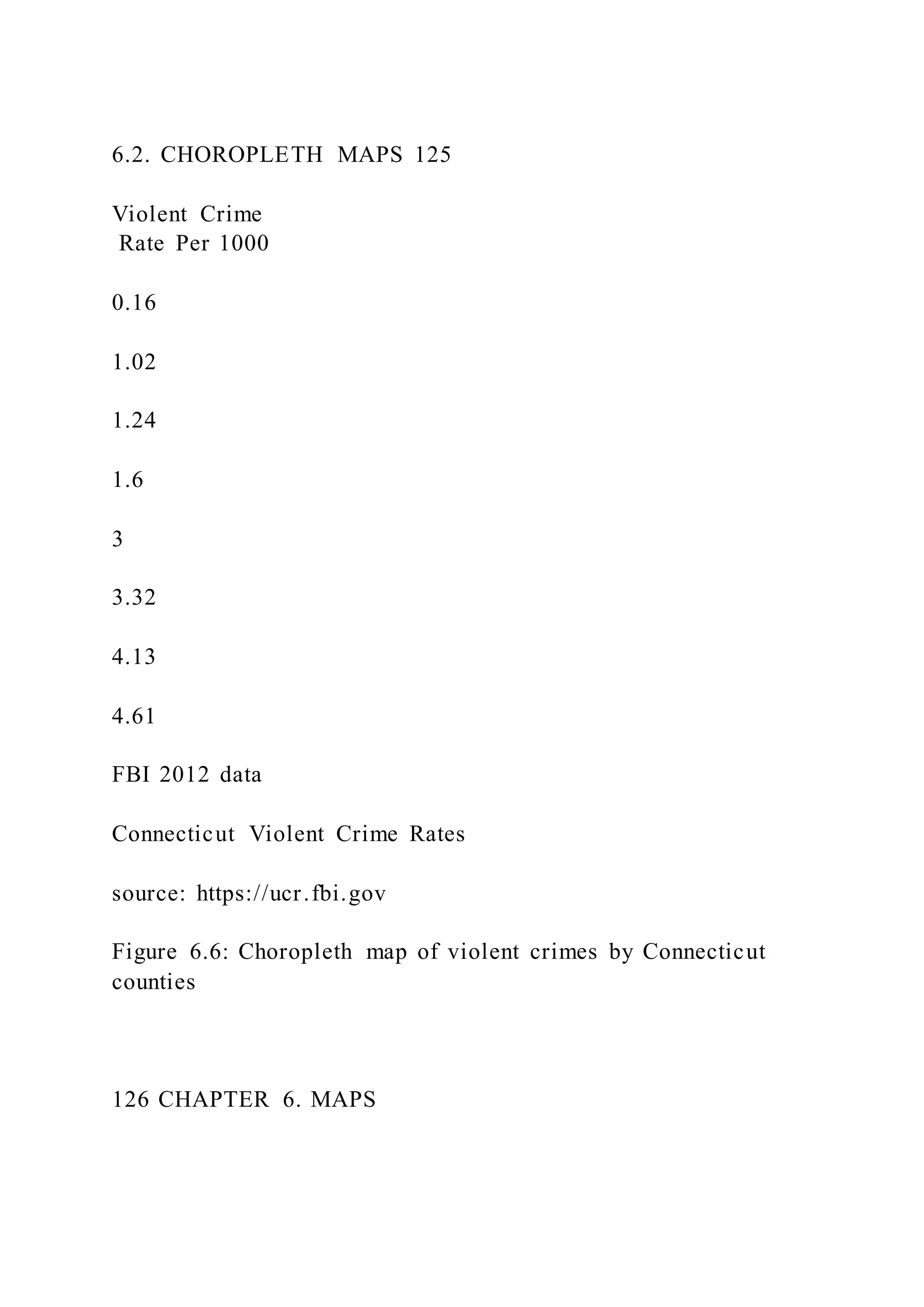 6.2. CHOROPLETH MAPS 125
Violent Crime
Rate Per 1000
0.16
1.02
1.24
1.6
3
3.32
4.13
4.61
FBI 2012 data
Connecticut Violent Crime Rates
source: https://ucr.fbi.gov
Figure 6.6: Choropleth map of violent crimes by Connecticut
counties
126 CHAPTER 6. MAPS
 