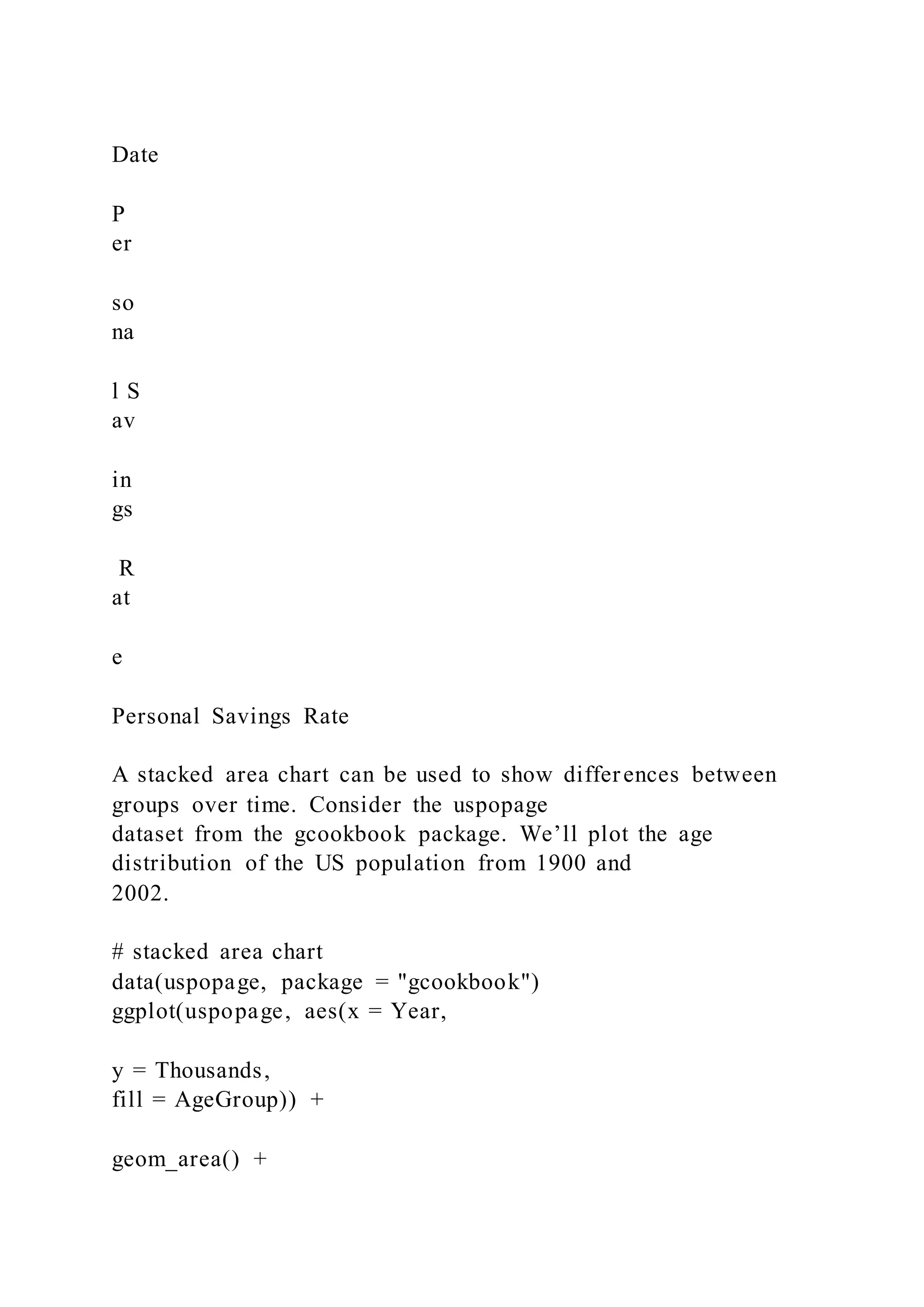 Date
P
er
so
na
l S
av
in
gs
R
at
e
Personal Savings Rate
A stacked area chart can be used to show differences between
groups over time. Consider the uspopage
dataset from the gcookbook package. We’ll plot the age
distribution of the US population from 1900 and
2002.
# stacked area chart
data(uspopage, package = "gcookbook")
ggplot(uspopage, aes(x = Year,
y = Thousands,
fill = AgeGroup)) +
geom_area() +
 