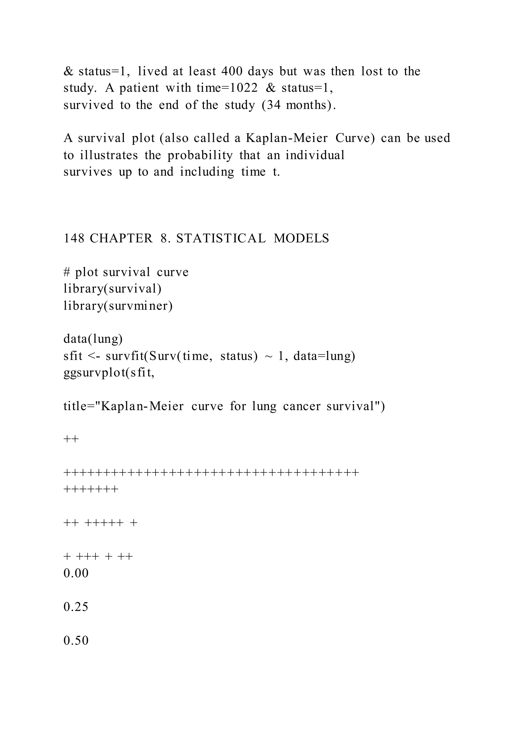 & status=1, lived at least 400 days but was then lost to the
study. A patient with time=1022 & status=1,
survived to the end of the study (34 months).
A survival plot (also called a Kaplan-Meier Curve) can be used
to illustrates the probability that an individual
survives up to and including time t.
148 CHAPTER 8. STATISTICAL MODELS
# plot survival curve
library(survival)
library(survminer)
data(lung)
sfit <- survfit(Surv(time, status) ~ 1, data=lung)
ggsurvplot(sfit,
title="Kaplan-Meier curve for lung cancer survival")
++
++++++++++++++++++++++++++++++++++++
+++++++
++ +++++ +
+ +++ + ++
0.00
0.25
0.50
 