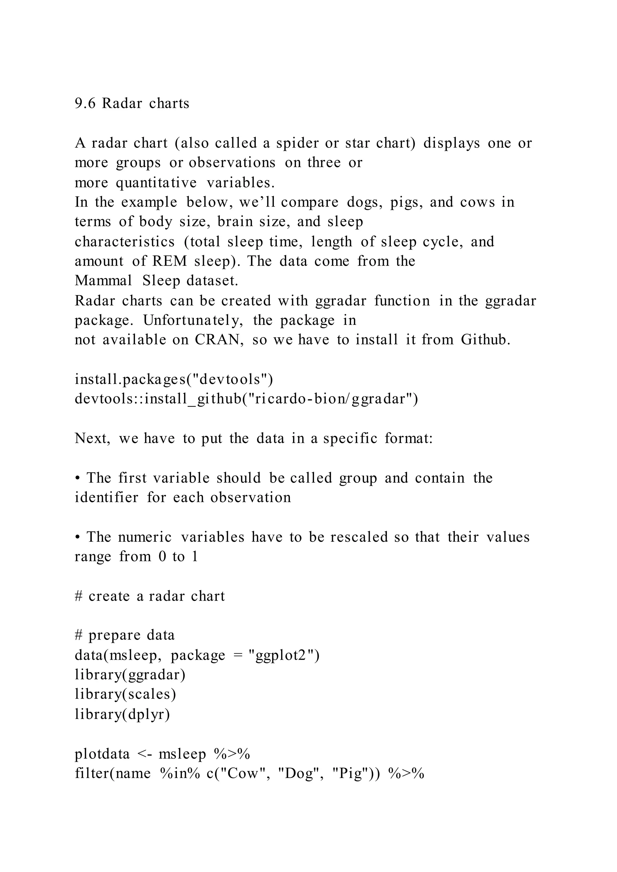 9.6 Radar charts
A radar chart (also called a spider or star chart) displays one or
more groups or observations on three or
more quantitative variables.
In the example below, we’ll compare dogs, pigs, and cows in
terms of body size, brain size, and sleep
characteristics (total sleep time, length of sleep cycle, and
amount of REM sleep). The data come from the
Mammal Sleep dataset.
Radar charts can be created with ggradar function in the ggradar
package. Unfortunately, the package in
not available on CRAN, so we have to install it from Github.
install.packages("devtools")
devtools::install_github("ricardo-bion/ggradar")
Next, we have to put the data in a specific format:
• The first variable should be called group and contain the
identifier for each observation
• The numeric variables have to be rescaled so that their values
range from 0 to 1
# create a radar chart
# prepare data
data(msleep, package = "ggplot2")
library(ggradar)
library(scales)
library(dplyr)
plotdata <- msleep %>%
filter(name %in% c("Cow", "Dog", "Pig")) %>%
 