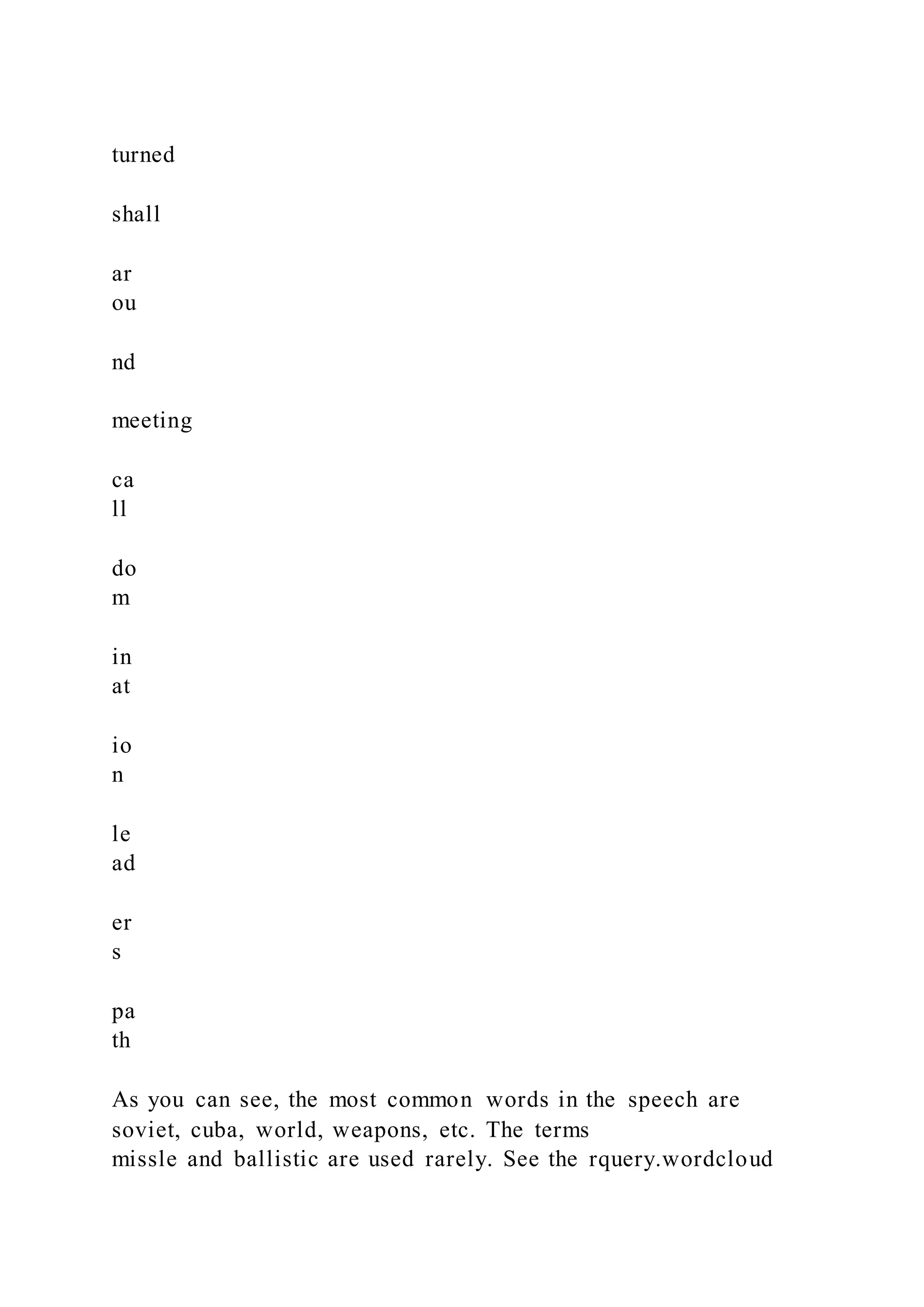 turned
shall
ar
ou
nd
meeting
ca
ll
do
m
in
at
io
n
le
ad
er
s
pa
th
As you can see, the most common words in the speech are
soviet, cuba, world, weapons, etc. The terms
missle and ballistic are used rarely. See the rquery.wordcloud
 
