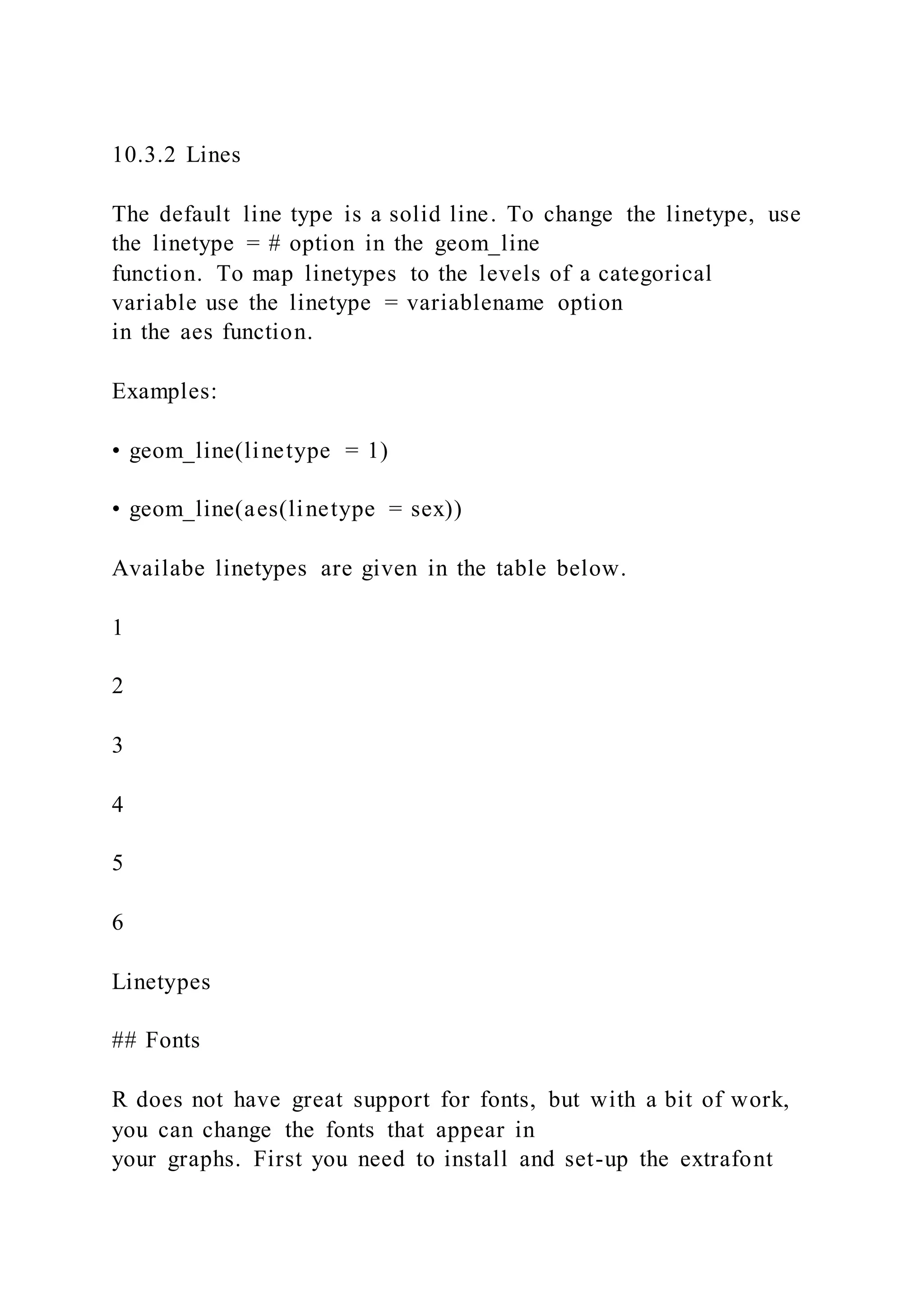 10.3.2 Lines
The default line type is a solid line. To change the linetype, use
the linetype = # option in the geom_line
function. To map linetypes to the levels of a categorical
variable use the linetype = variablename option
in the aes function.
Examples:
• geom_line(linetype = 1)
• geom_line(aes(linetype = sex))
Availabe linetypes are given in the table below.
1
2
3
4
5
6
Linetypes
## Fonts
R does not have great support for fonts, but with a bit of work,
you can change the fonts that appear in
your graphs. First you need to install and set-up the extrafont
 