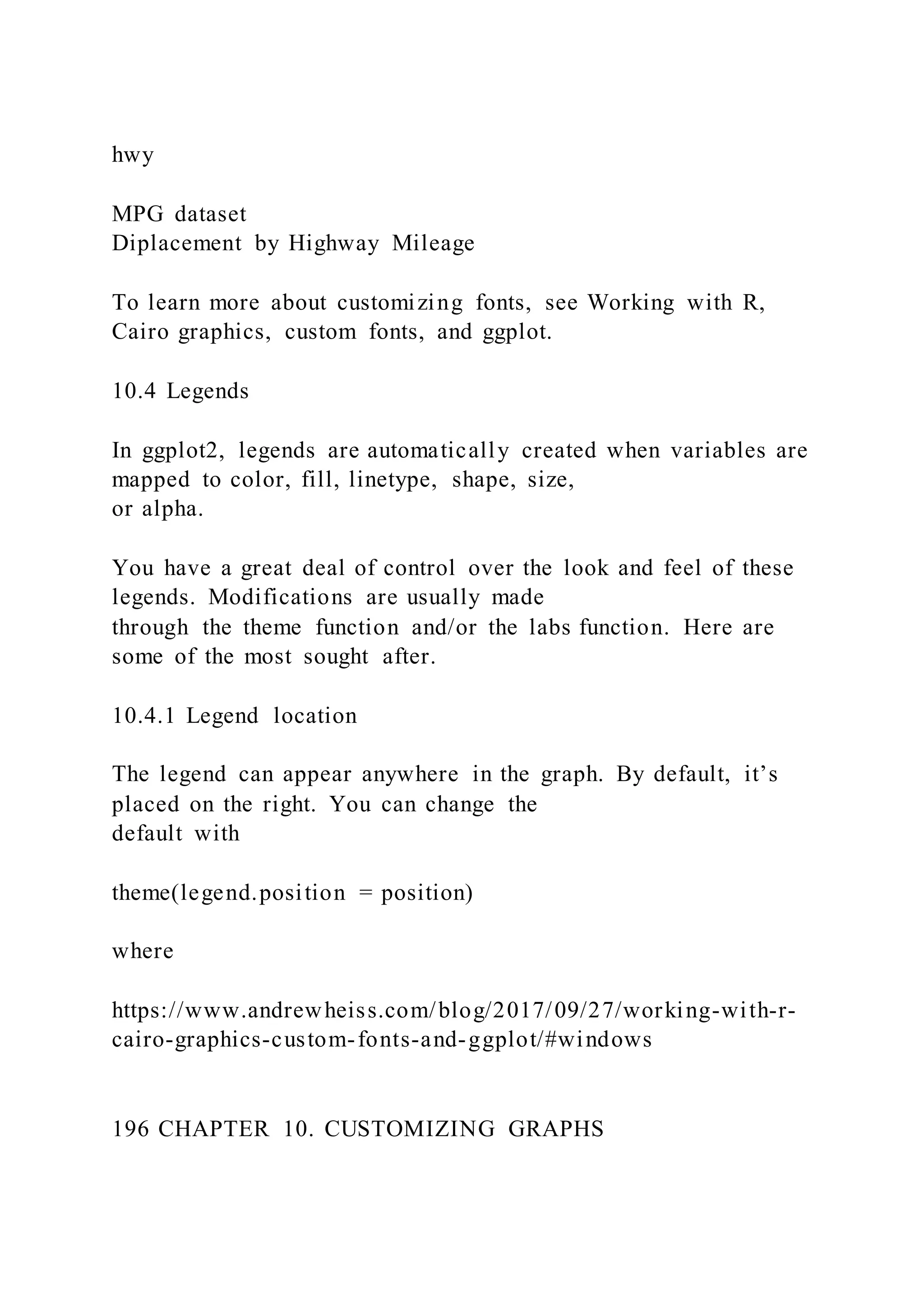 hwy
MPG dataset
Diplacement by Highway Mileage
To learn more about customizing fonts, see Working with R,
Cairo graphics, custom fonts, and ggplot.
10.4 Legends
In ggplot2, legends are automatically created when variables are
mapped to color, fill, linetype, shape, size,
or alpha.
You have a great deal of control over the look and feel of these
legends. Modifications are usually made
through the theme function and/or the labs function. Here are
some of the most sought after.
10.4.1 Legend location
The legend can appear anywhere in the graph. By default, it’s
placed on the right. You can change the
default with
theme(legend.position = position)
where
https://www.andrewheiss.com/blog/2017/09/27/working-with-r-
cairo-graphics-custom-fonts-and-ggplot/#windows
196 CHAPTER 10. CUSTOMIZING GRAPHS
 
