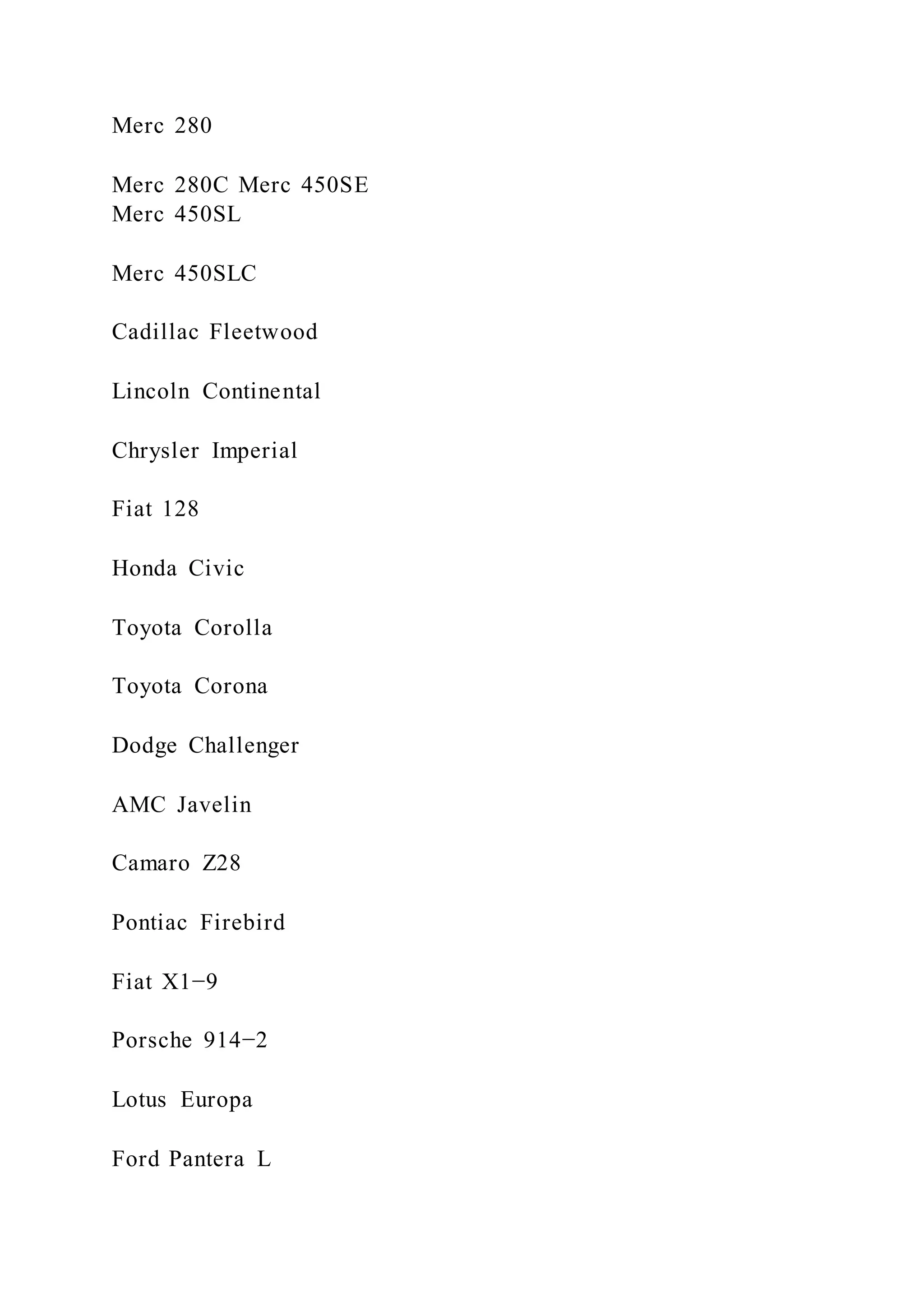 Merc 280
Merc 280C Merc 450SE
Merc 450SL
Merc 450SLC
Cadillac Fleetwood
Lincoln Continental
Chrysler Imperial
Fiat 128
Honda Civic
Toyota Corolla
Toyota Corona
Dodge Challenger
AMC Javelin
Camaro Z28
Pontiac Firebird
Fiat X1−9
Porsche 914−2
Lotus Europa
Ford Pantera L
 