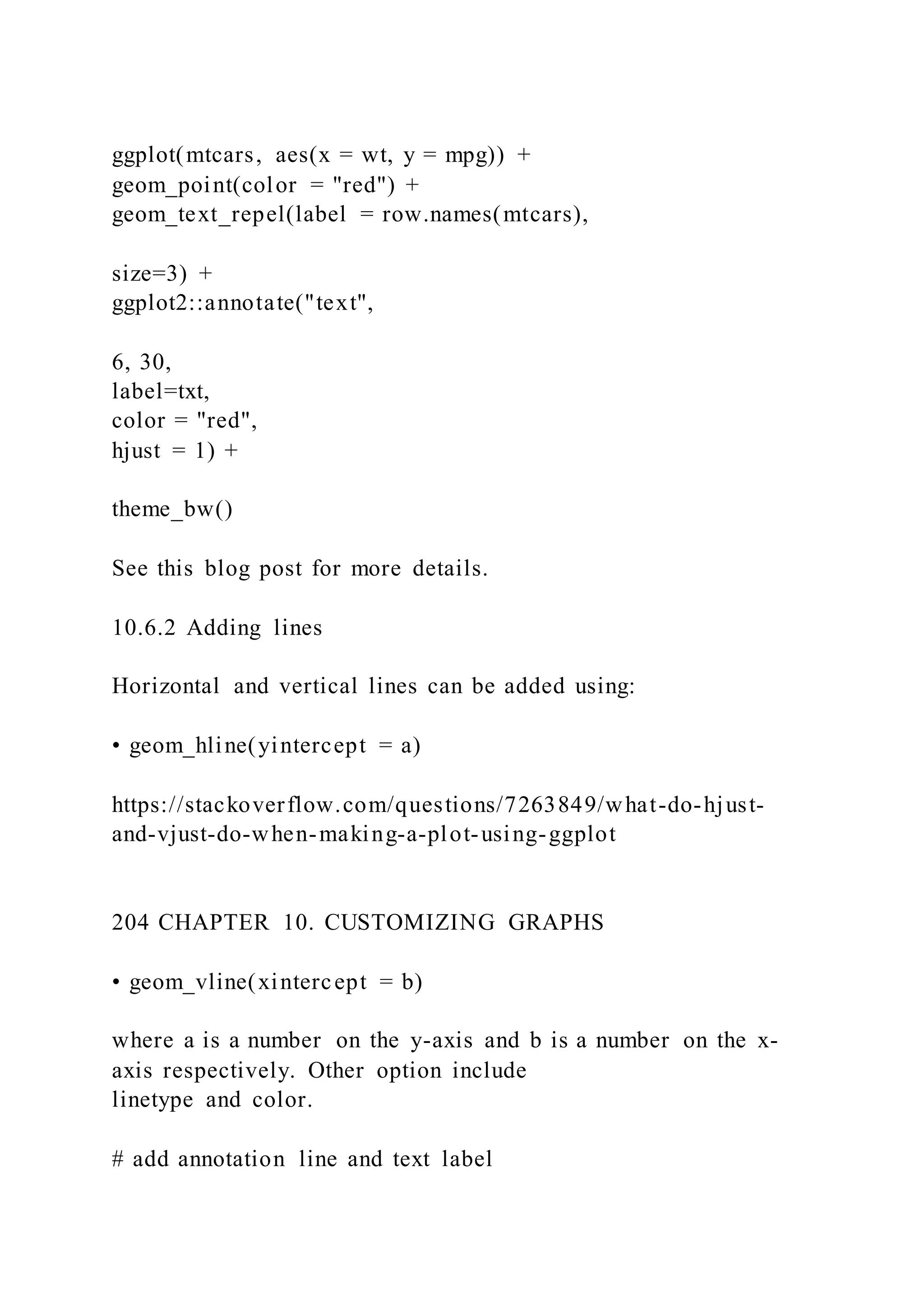 ggplot(mtcars, aes(x = wt, y = mpg)) +
geom_point(color = "red") +
geom_text_repel(label = row.names(mtcars),
size=3) +
ggplot2::annotate("text",
6, 30,
label=txt,
color = "red",
hjust = 1) +
theme_bw()
See this blog post for more details.
10.6.2 Adding lines
Horizontal and vertical lines can be added using:
• geom_hline(yintercept = a)
https://stackoverflow.com/questions/7263849/what-do-hjust-
and-vjust-do-when-making-a-plot-using-ggplot
204 CHAPTER 10. CUSTOMIZING GRAPHS
• geom_vline(xintercept = b)
where a is a number on the y-axis and b is a number on the x-
axis respectively. Other option include
linetype and color.
# add annotation line and text label
 