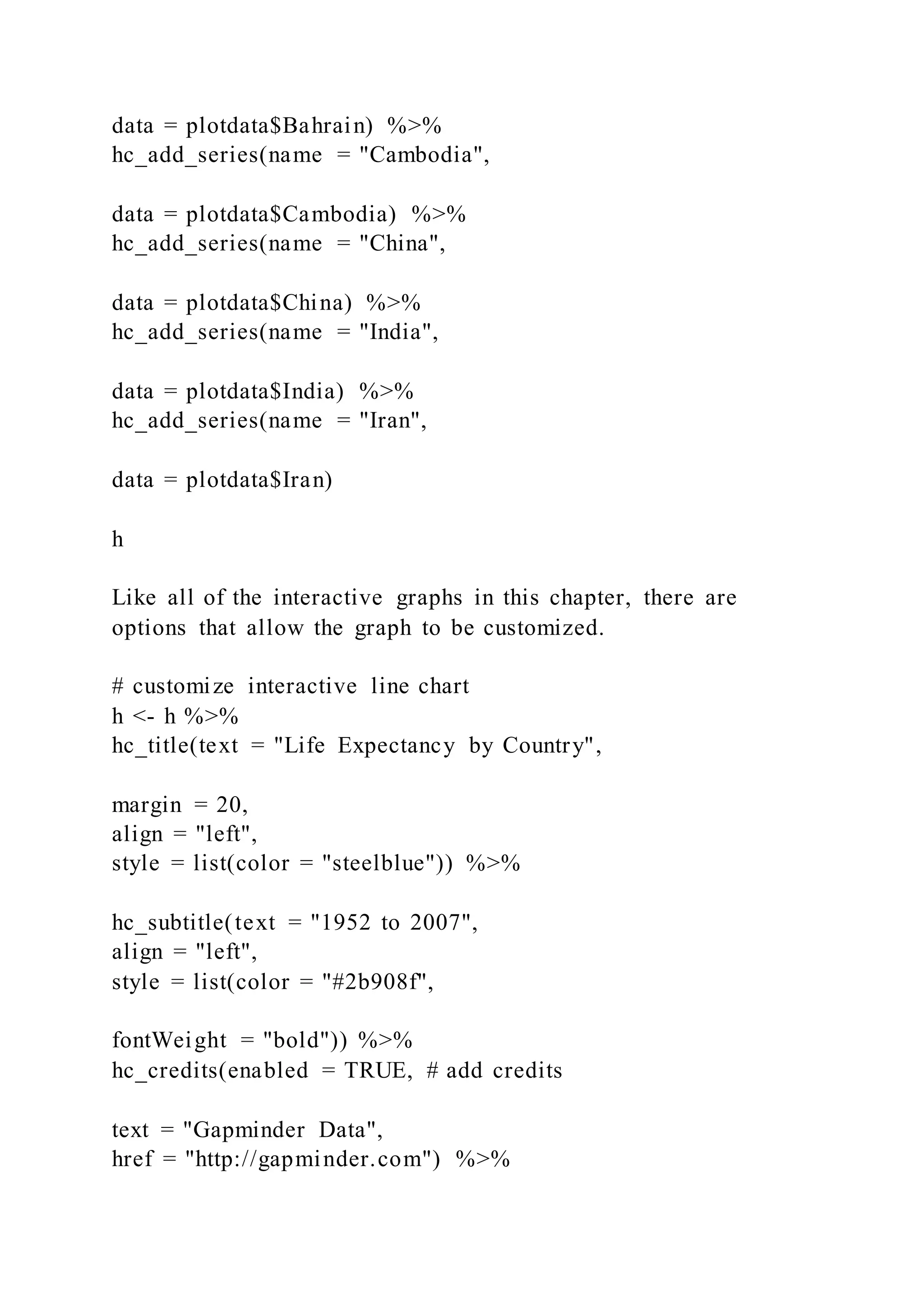 data = plotdata$Bahrain) %>%
hc_add_series(name = "Cambodia",
data = plotdata$Cambodia) %>%
hc_add_series(name = "China",
data = plotdata$China) %>%
hc_add_series(name = "India",
data = plotdata$India) %>%
hc_add_series(name = "Iran",
data = plotdata$Iran)
h
Like all of the interactive graphs in this chapter, there are
options that allow the graph to be customized.
# customize interactive line chart
h <- h %>%
hc_title(text = "Life Expectancy by Country",
margin = 20,
align = "left",
style = list(color = "steelblue")) %>%
hc_subtitle(text = "1952 to 2007",
align = "left",
style = list(color = "#2b908f",
fontWeight = "bold")) %>%
hc_credits(enabled = TRUE, # add credits
text = "Gapminder Data",
href = "http://gapminder.com") %>%
 