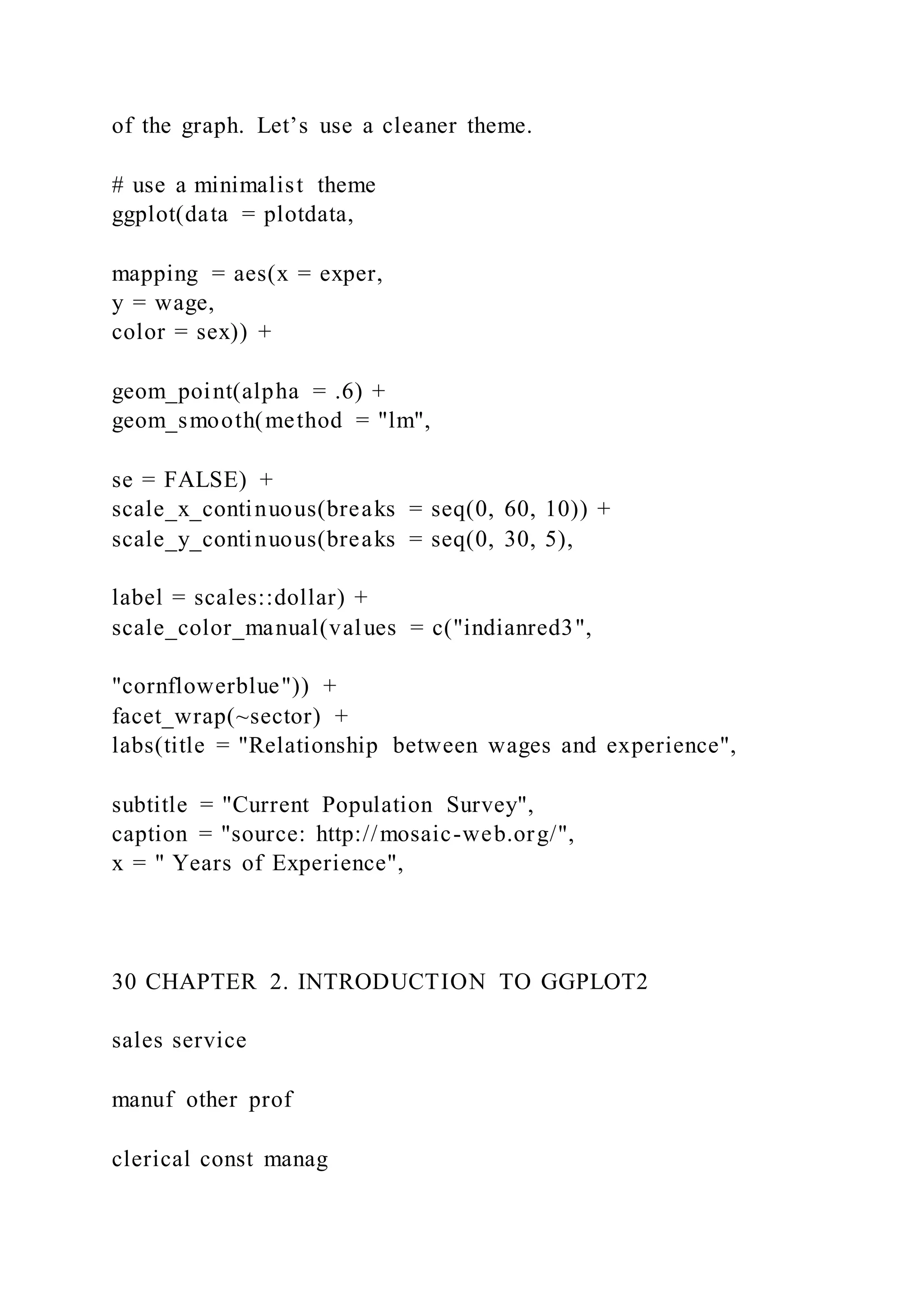 of the graph. Let’s use a cleaner theme.
# use a minimalist theme
ggplot(data = plotdata,
mapping = aes(x = exper,
y = wage,
color = sex)) +
geom_point(alpha = .6) +
geom_smooth(method = "lm",
se = FALSE) +
scale_x_continuous(breaks = seq(0, 60, 10)) +
scale_y_continuous(breaks = seq(0, 30, 5),
label = scales::dollar) +
scale_color_manual(values = c("indianred3",
"cornflowerblue")) +
facet_wrap(~sector) +
labs(title = "Relationship between wages and experience",
subtitle = "Current Population Survey",
caption = "source: http://mosaic-web.org/",
x = " Years of Experience",
30 CHAPTER 2. INTRODUCTION TO GGPLOT2
sales service
manuf other prof
clerical const manag
 