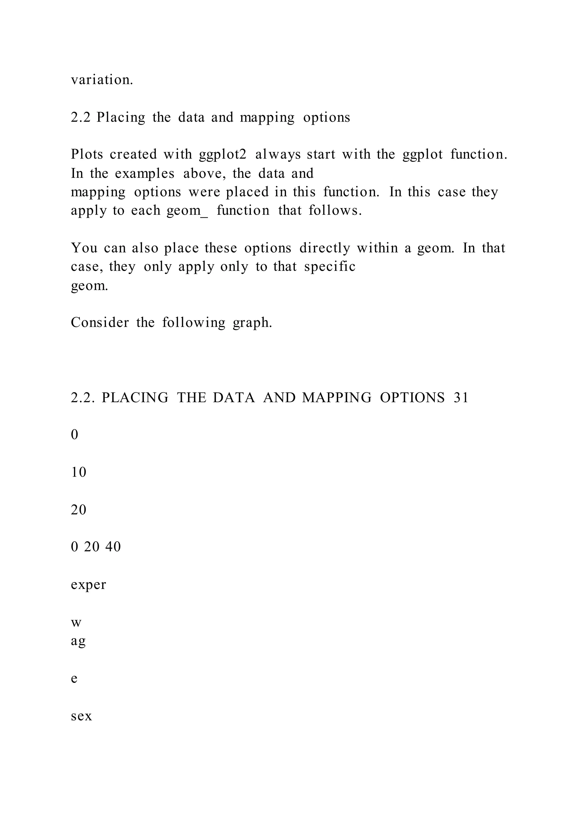 variation.
2.2 Placing the data and mapping options
Plots created with ggplot2 always start with the ggplot function.
In the examples above, the data and
mapping options were placed in this function. In this case they
apply to each geom_ function that follows.
You can also place these options directly within a geom. In that
case, they only apply only to that specific
geom.
Consider the following graph.
2.2. PLACING THE DATA AND MAPPING OPTIONS 31
0
10
20
0 20 40
exper
w
ag
e
sex
 