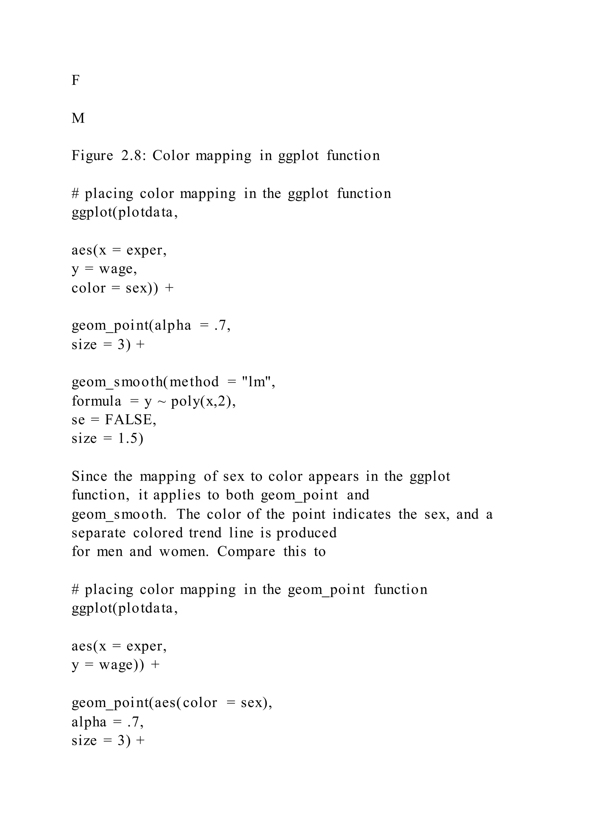 F
M
Figure 2.8: Color mapping in ggplot function
# placing color mapping in the ggplot function
ggplot(plotdata,
aes(x = exper,
y = wage,
color = sex)) +
geom_point(alpha = .7,
size = 3) +
geom_smooth(method = "lm",
formula = y ~ poly(x,2),
se = FALSE,
size = 1.5)
Since the mapping of sex to color appears in the ggplot
function, it applies to both geom_point and
geom_smooth. The color of the point indicates the sex, and a
separate colored trend line is produced
for men and women. Compare this to
# placing color mapping in the geom_point function
ggplot(plotdata,
aes(x = exper,
y = wage)) +
geom_point(aes(color = sex),
alpha = .7,
size = 3) +
 