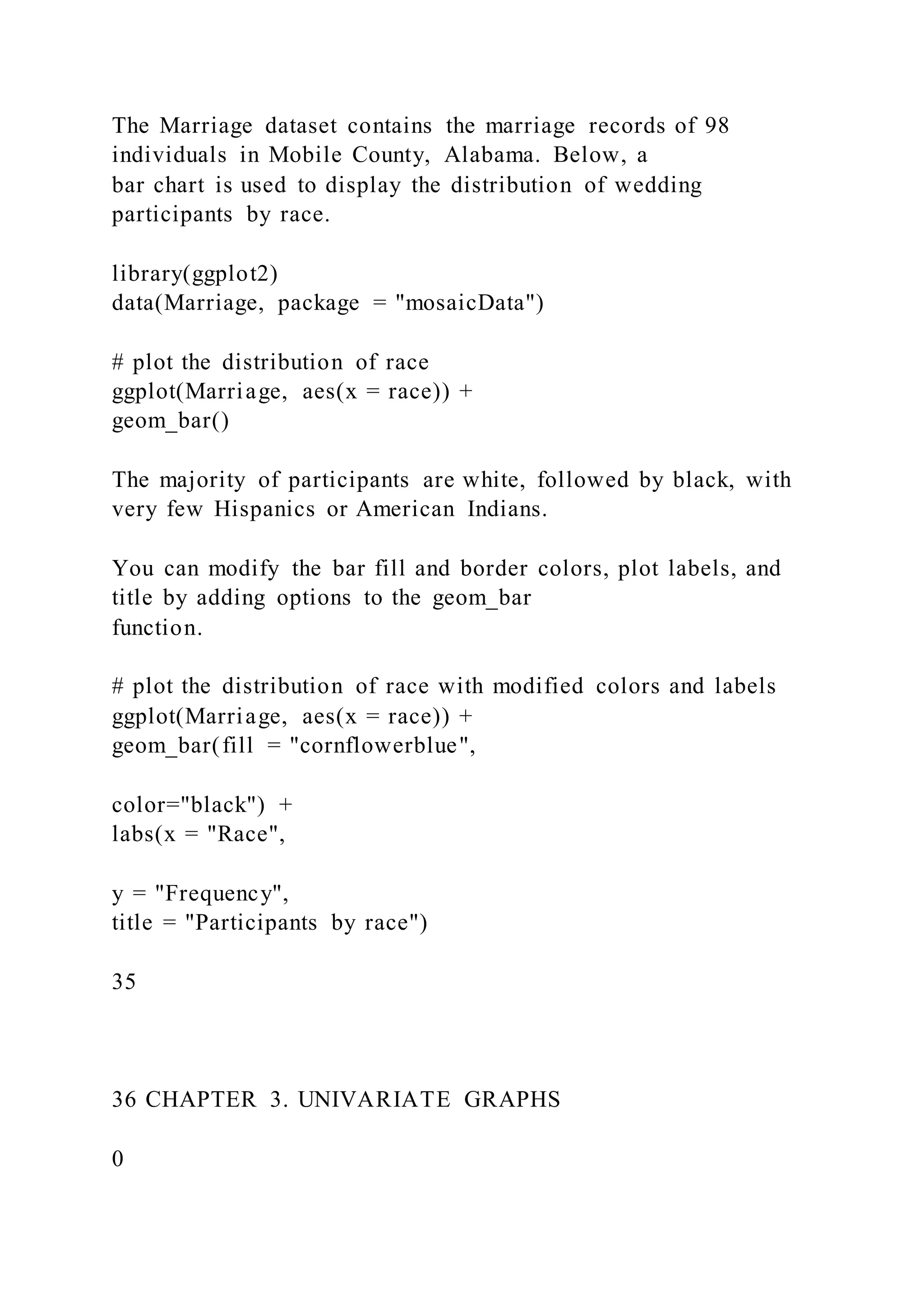 The Marriage dataset contains the marriage records of 98
individuals in Mobile County, Alabama. Below, a
bar chart is used to display the distribution of wedding
participants by race.
library(ggplot2)
data(Marriage, package = "mosaicData")
# plot the distribution of race
ggplot(Marriage, aes(x = race)) +
geom_bar()
The majority of participants are white, followed by black, with
very few Hispanics or American Indians.
You can modify the bar fill and border colors, plot labels, and
title by adding options to the geom_bar
function.
# plot the distribution of race with modified colors and labels
ggplot(Marriage, aes(x = race)) +
geom_bar(fill = "cornflowerblue",
color="black") +
labs(x = "Race",
y = "Frequency",
title = "Participants by race")
35
36 CHAPTER 3. UNIVARIATE GRAPHS
0
 
