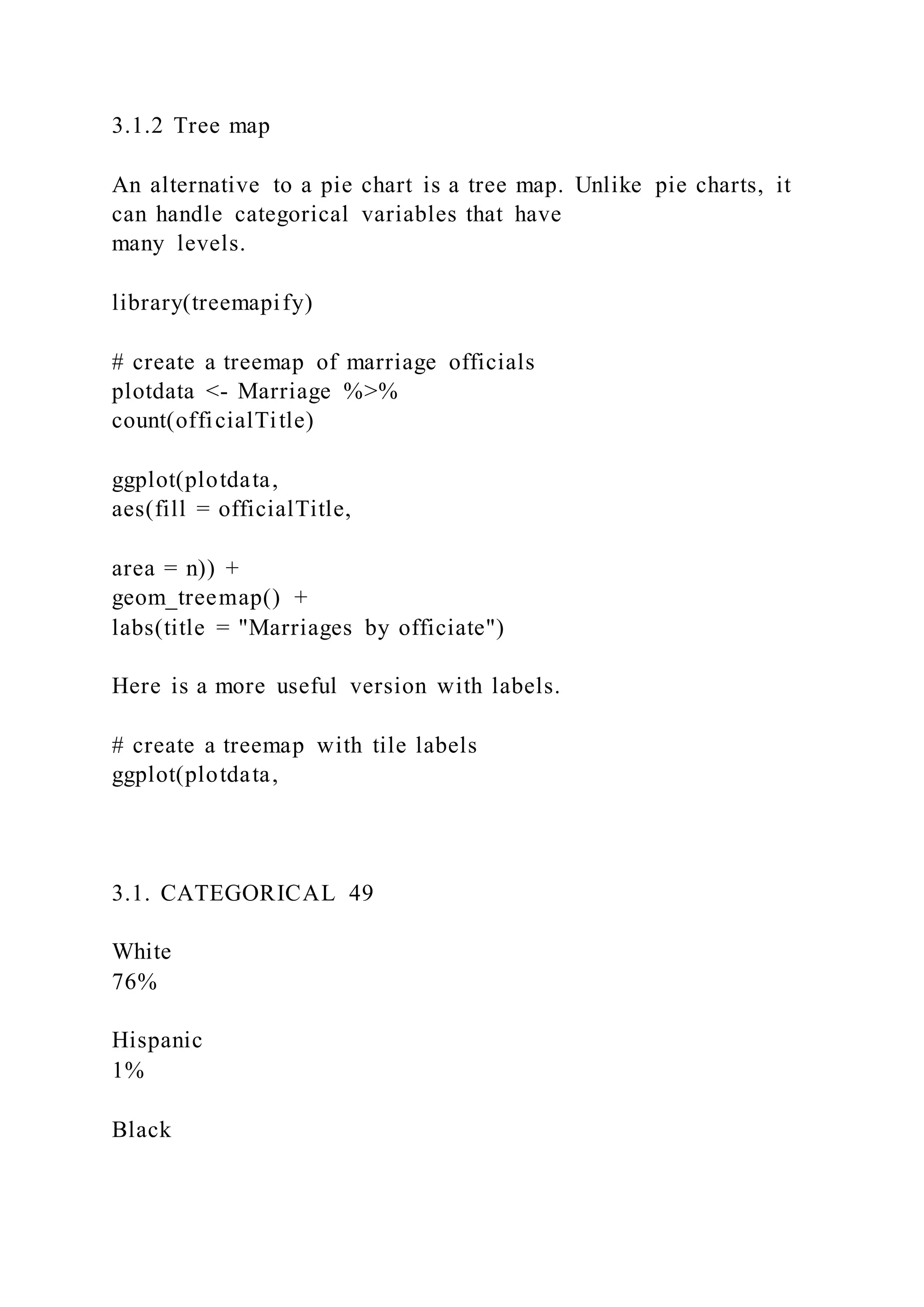 3.1.2 Tree map
An alternative to a pie chart is a tree map. Unlike pie charts, it
can handle categorical variables that have
many levels.
library(treemapify)
# create a treemap of marriage officials
plotdata <- Marriage %>%
count(officialTitle)
ggplot(plotdata,
aes(fill = officialTitle,
area = n)) +
geom_treemap() +
labs(title = "Marriages by officiate")
Here is a more useful version with labels.
# create a treemap with tile labels
ggplot(plotdata,
3.1. CATEGORICAL 49
White
76%
Hispanic
1%
Black
 