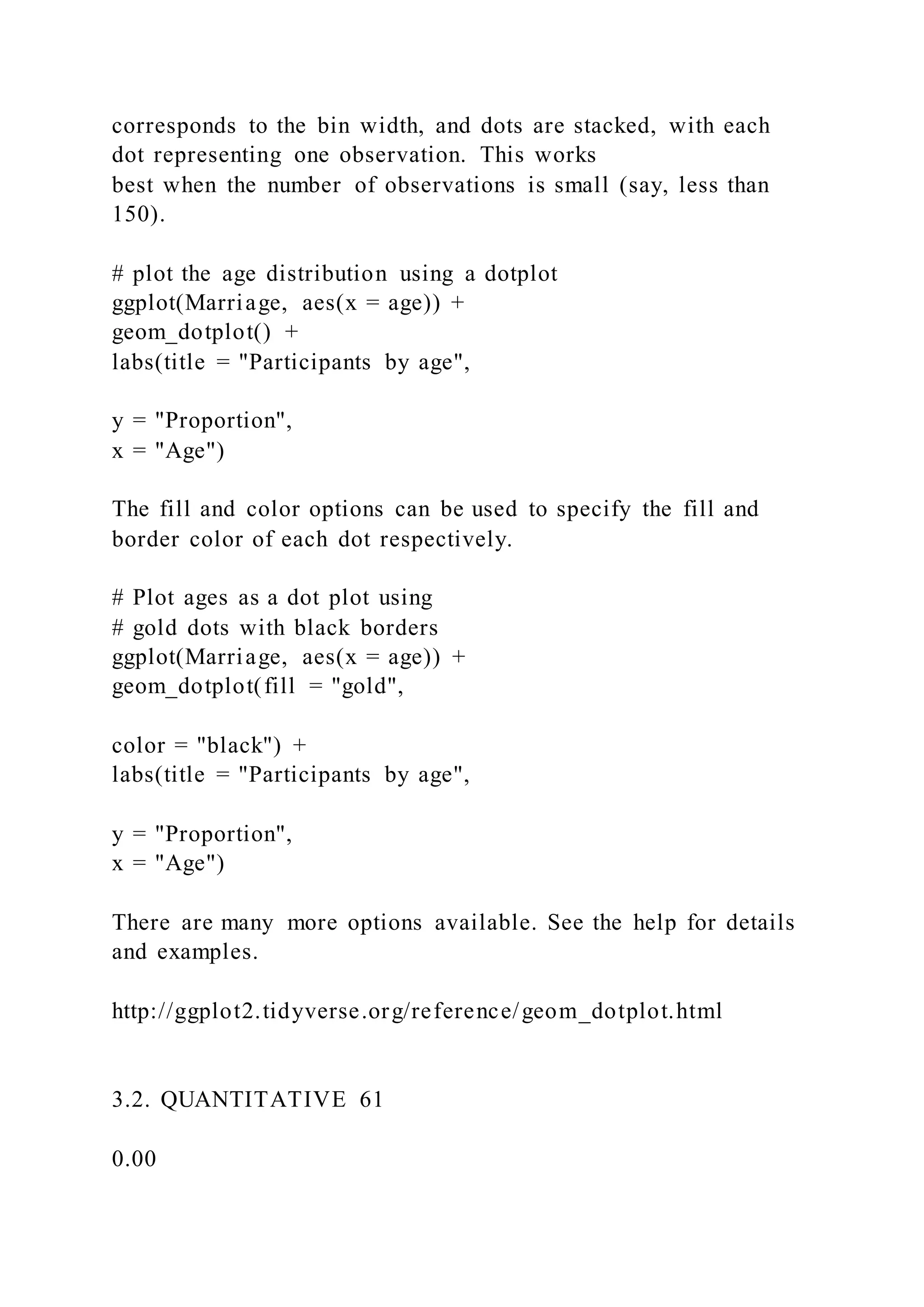 corresponds to the bin width, and dots are stacked, with each
dot representing one observation. This works
best when the number of observations is small (say, less than
150).
# plot the age distribution using a dotplot
ggplot(Marriage, aes(x = age)) +
geom_dotplot() +
labs(title = "Participants by age",
y = "Proportion",
x = "Age")
The fill and color options can be used to specify the fill and
border color of each dot respectively.
# Plot ages as a dot plot using
# gold dots with black borders
ggplot(Marriage, aes(x = age)) +
geom_dotplot(fill = "gold",
color = "black") +
labs(title = "Participants by age",
y = "Proportion",
x = "Age")
There are many more options available. See the help for details
and examples.
http://ggplot2.tidyverse.org/reference/geom_dotplot.html
3.2. QUANTITATIVE 61
0.00
 