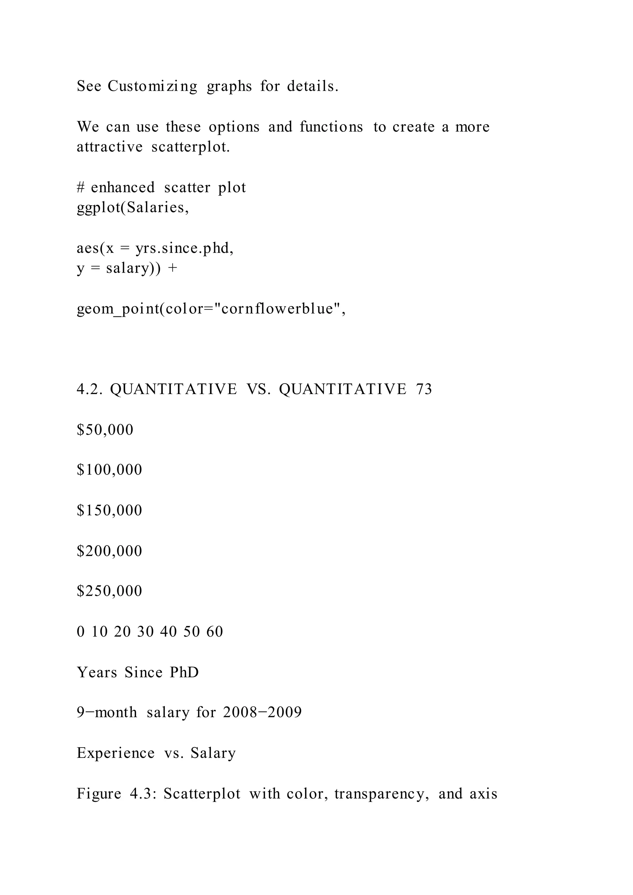 See Customizing graphs for details.
We can use these options and functions to create a more
attractive scatterplot.
# enhanced scatter plot
ggplot(Salaries,
aes(x = yrs.since.phd,
y = salary)) +
geom_point(color="cornflowerblue",
4.2. QUANTITATIVE VS. QUANTITATIVE 73
$50,000
$100,000
$150,000
$200,000
$250,000
0 10 20 30 40 50 60
Years Since PhD
9−month salary for 2008−2009
Experience vs. Salary
Figure 4.3: Scatterplot with color, transparency, and axis
 