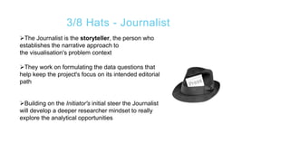 3/8 Hats - Journalist
The Journalist is the storyteller, the person who
establishes the narrative approach to
the visualisation's problem context
They work on formulating the data questions that
help keep the project's focus on its intended editorial
path
Building on the Initiator's initial steer the Journalist
will develop a deeper researcher mindset to really
explore the analytical opportunities
 
