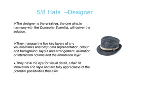 5/8 Hats –Designer
The designer is the creative, the one who, in
harmony with the Computer Scientist, will deliver the
solution.
They manage the five key layers of any
visualisation's anatomy: data representation, colour
and background, layout and arrangement, animation
or interaction options and the annotation layer
They have the eye for visual detail, a flair for
innovation and style and are fully appreciative of the
potential possibilities that exist.
 