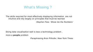What’s Missing ?
The skills required for most effectively displaying information are not
intuitive and rely largely on principles that must be learned
Stephen Few- ‘Show me the Numbers’
Doing data visualisation well is less a technology problem ,
more a people problem
Paraphrasing Aron Pilhofer, New York Times
 