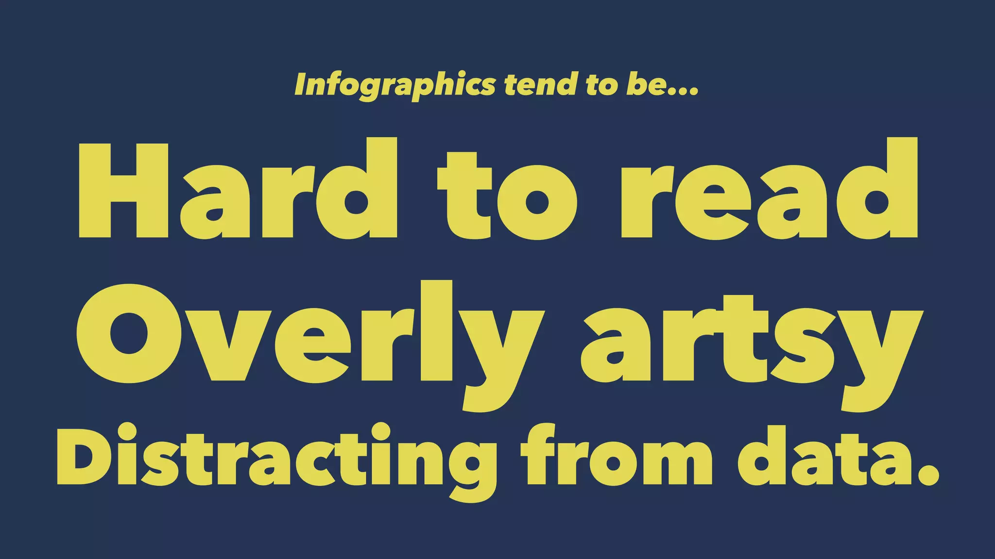 Infographics tend to be...
Hard to read
Overly artsy
Distracting from data.
 