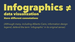 Infographics ≠
data visualization
Have different connotations
(Although many, including Alberto Cairo, information design
legend, defend the term 'infographic' in its original sense)
 