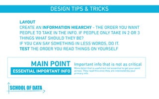 DESIGN TIPS & TRICKS 
LAYOUT 
CREATE AN INFORMATION HIEARCHY - THE ORDER YOU WANT 
PEOPLE TO TAKE IN THE INFO. IF PEOPLE ONLY TAKE IN 2 OR 3 
THINGS WHAT SHOULD THEY BE? 
IF YOU CAN SAY SOMETHING IN LESS WORDS, DO IT. 
TEST THE ORDER YOU READ THINGS ON YOURSELF 
MAIN POINT 
ESSENTIAL IMPORTANT INFO 
Important info that is not as critical 
More detail that is useful but not essential to get your point 
across. They read this once they are interested by your 
primary info. 
www.schoolofdata.org 
 