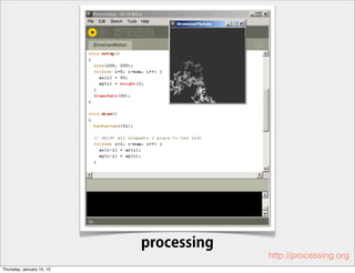 processing
                                        http://processing.org
Thursday, January 10, 13
 