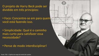 Vamos Analisar
O projeto de Harry Beck pode ser
dividido em três princípios:
• Foco: Concentre-se em para quem
você está fazendo isso.
• Simplicidade: Qual é o caminho
mais curto para satisfazer essa
necessidade?
• Pense de modo interdisciplinar!
Fonte: TED – O gênio do mapa do metrô de Londres
 