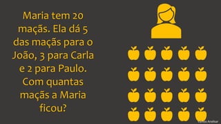 Vamos Analisar
Maria tem 20
maçãs. Ela dá 5
das maçãs para o
João, 3 para Carla
e 2 para Paulo.
Com quantas
maçãs a Maria
ficou?
 
