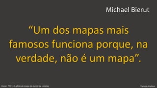 Vamos Analisar
“Um dos mapas mais
famosos funciona porque, na
verdade, não é um mapa”.
Fonte: TED – O gênio do mapa do metrô de Londres
Michael Bierut
 