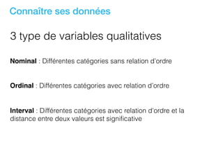 3 type de variables qualitatives
Nominal : Différentes catégories sans relation d’ordre
Ordinal : Différentes catégories avec relation d’ordre
Interval : Différentes catégories avec relation d’ordre et la
distance entre deux valeurs est signiﬁcative
Connaître ses données
 